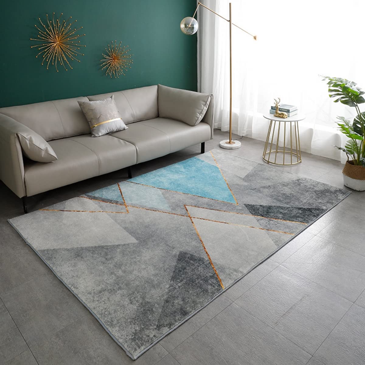 Modern Teal Grey Geometric Area Rugs - Soft Wool Shaggy Carpet for Living Room, Bedroom & Dining Room | Non-Shedding Thick Rug 4x6ft - Perfect Under Table, Beside Bed & Playroom Decor