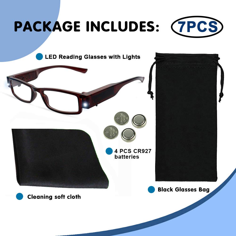 Bright LED Reading Glasses with Lights - 200 Lumen Magnifier Eyewear for Night Reading | Unisex Lighted Readers with Full Frame Design | Perfect for Bedtime, Low Light & Crafting Activities