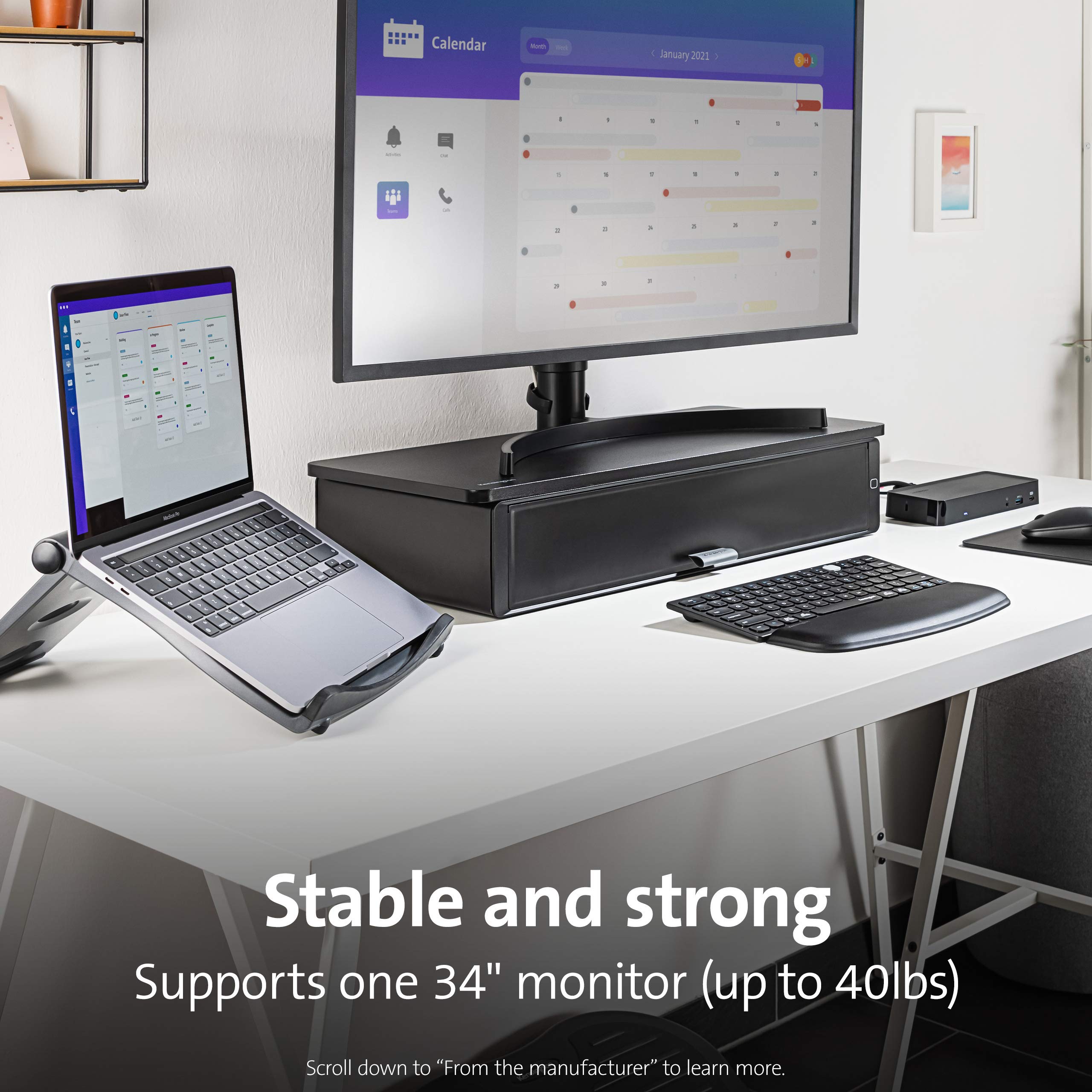 Kensington UVStand™ Monitor Riser with UV Disinfection & Storage Drawer - Ergonomic Computer Monitor Stand for Desktops up to 34