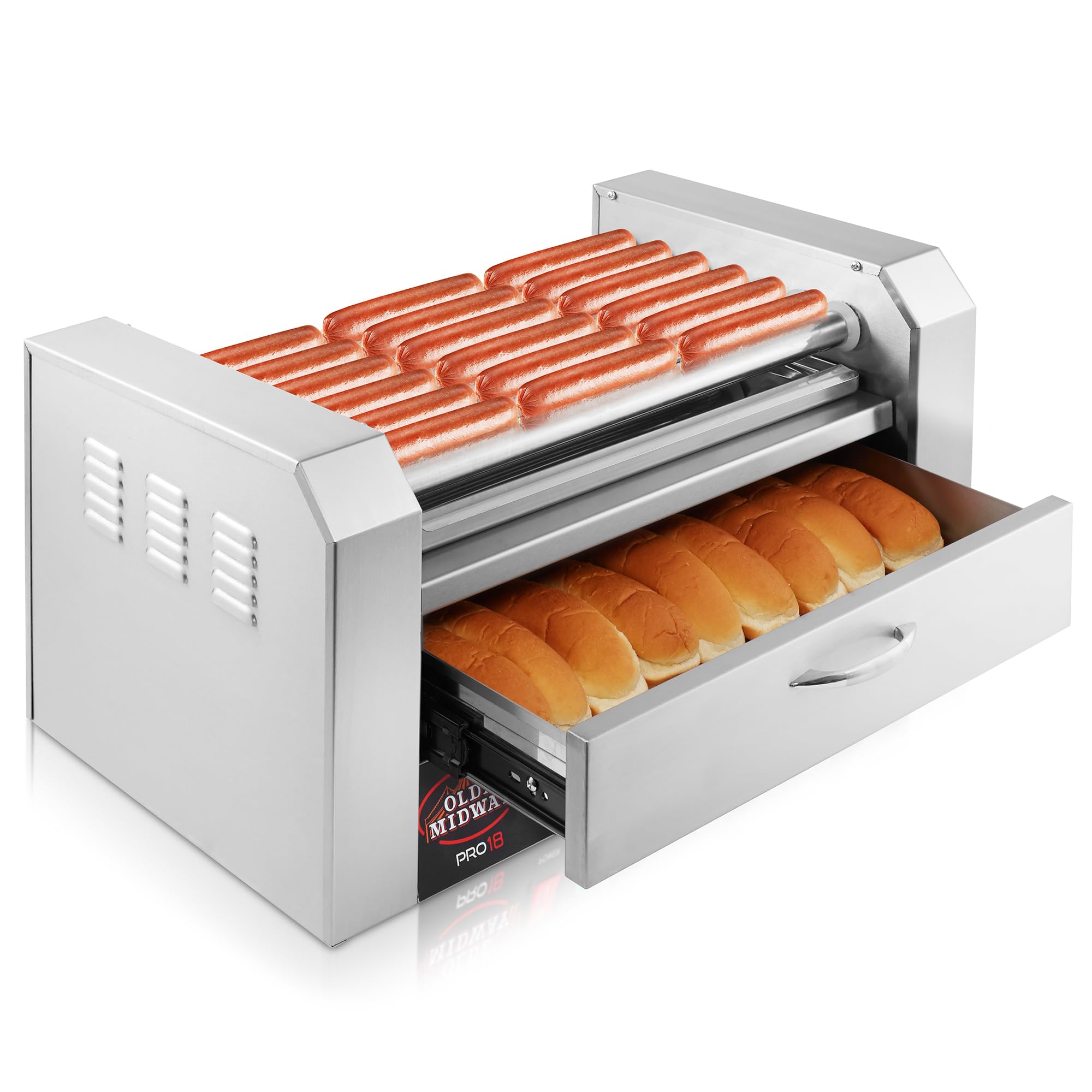 Olde Midway Electric 18 Hot Dog 7 Roller Grill Cooker Machine with Bun Warming Drawer - Commercial Grade Stainless Steel Hot Dog Warmer for Restaurants, Carnivals, and Food Trucks
