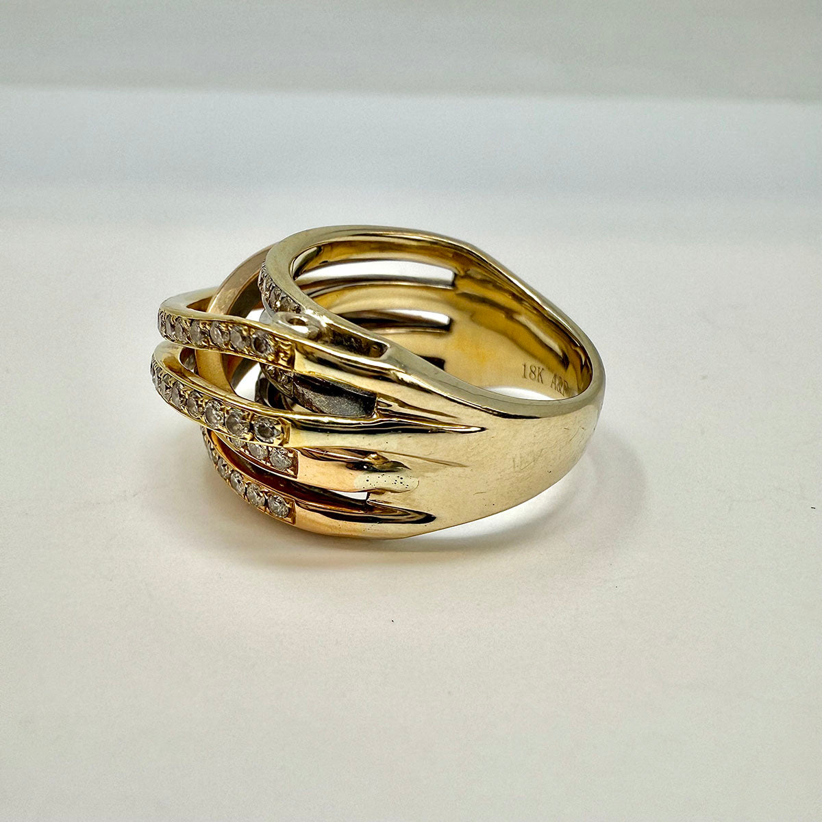18K White, Yellow & Rose Gold Diamond Crossover Ring - 7-Channel Design for Engagement, Wedding & Anniversary Gifts | Elegant Jewelry for Women