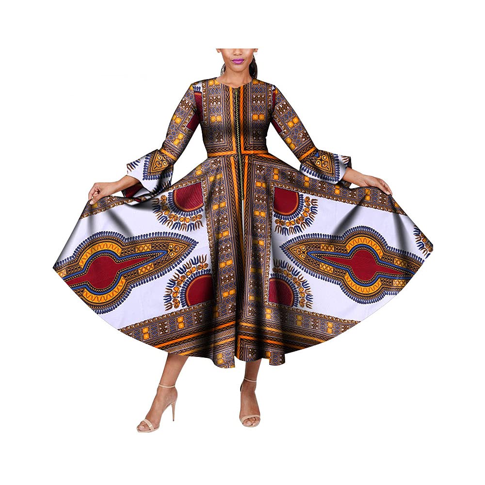 BAZINRICHE African Wax Print Ankara Long Sleeve Dress for Women - Plus Size Traditional Clothing for Parties, Weddings & Cultural Events