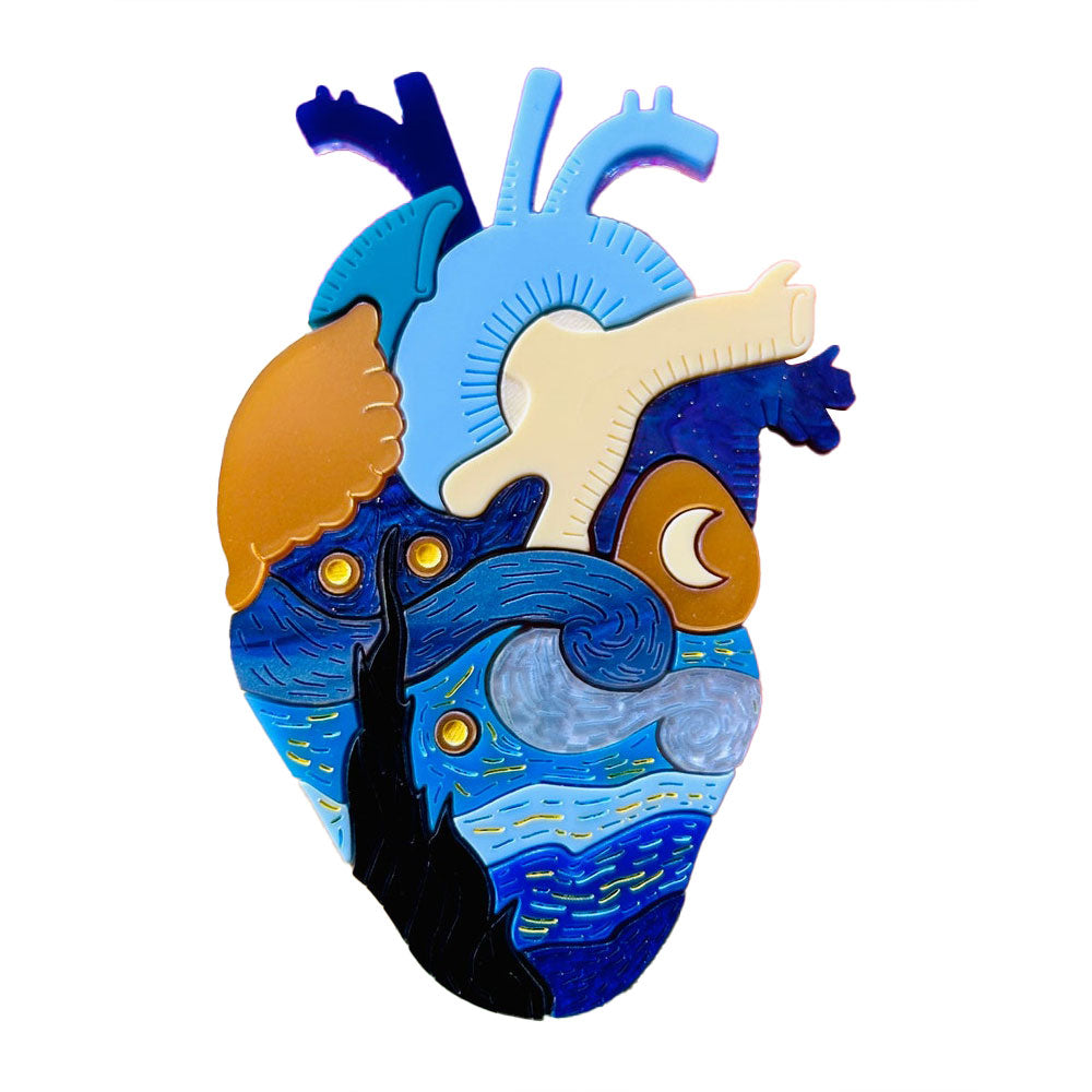 Vincent Van Gogh Starry Night Acrylic Brooch - Anatomical Hearts Collection by Makokot Design - Unique Art Jewelry for Art Lovers, Gift for Artists & Van Gogh Fans