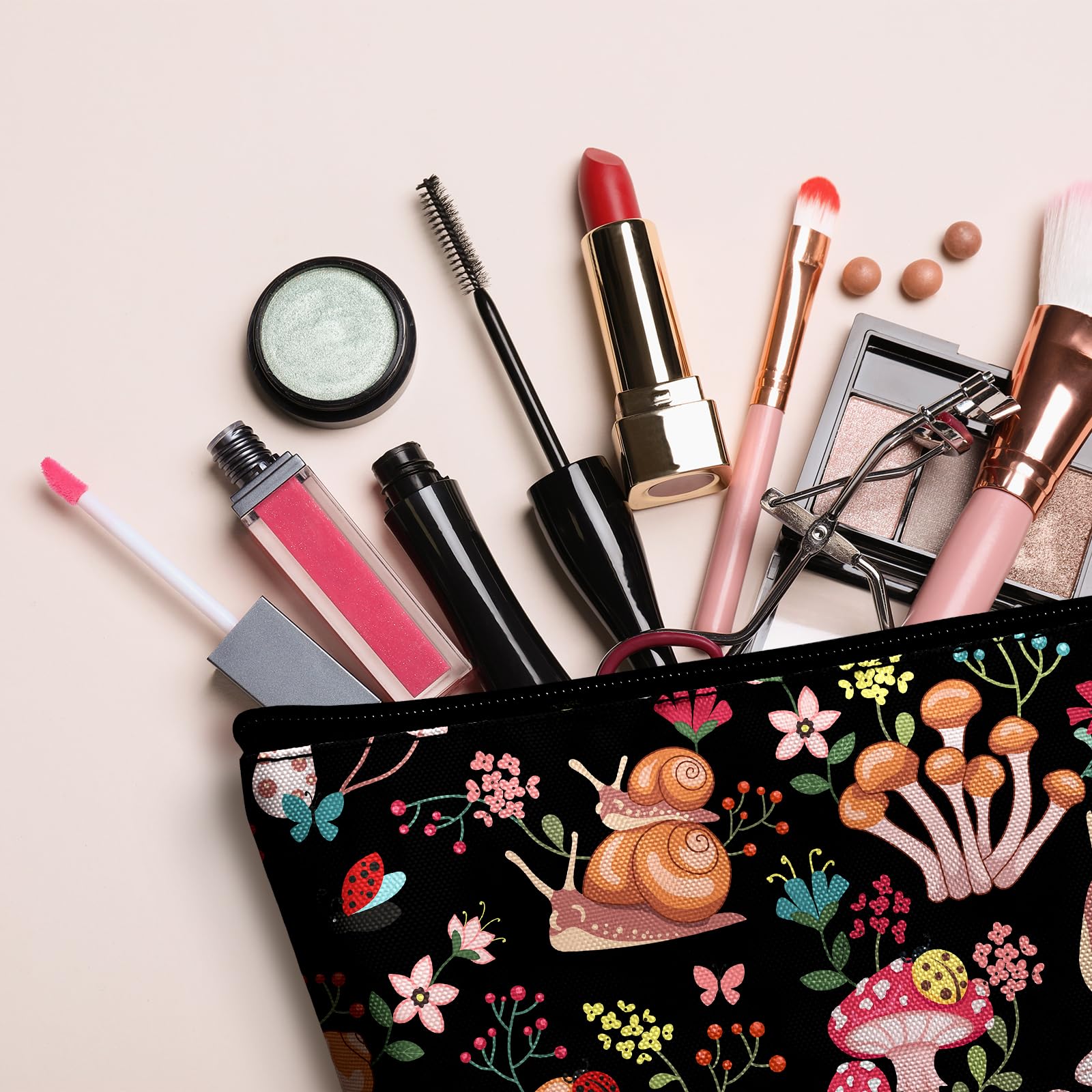 Stylish Mushroom & Snail Print Large Capacity Makeup Bag Set for Women - 1 Cosmetic Organizer & 1 Brush Pouch - Perfect for Travel, Daily Use & Gift Giving