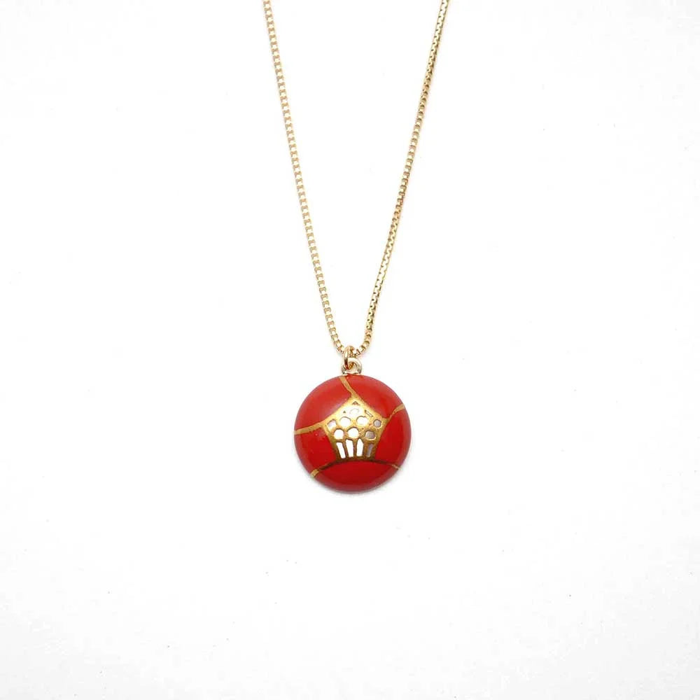 Handcrafted Japanese Maki-e Urushi Lacquer Pendant Necklace with White South Sea Pearl Shell, Camellia Flower & Red Lacquer - Traditional Asian Jewelry for Women, Perfect for Weddings, Parties & Special Occasions