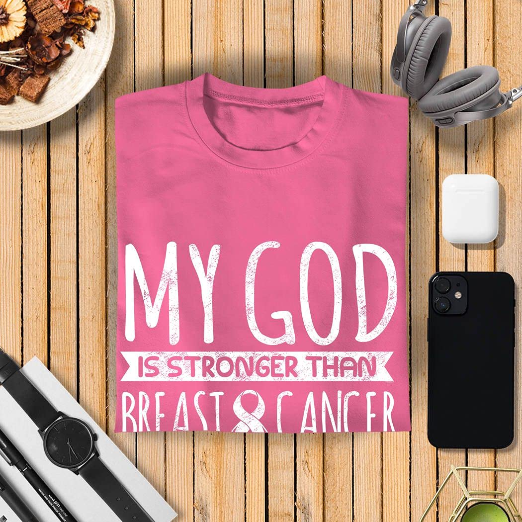 Veracco 'My God is Stronger Than Breast Cancer' Pink Ribbon Awareness T-Shirt for Men - Inspirational Gift for Survivors, Supporters & Fundraisers