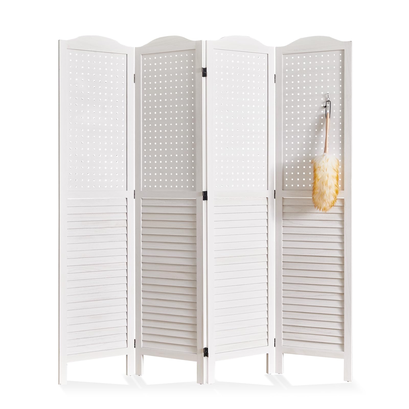 5.75Ft Wooden Freestanding 4-Panel Pegboard Display - Multifunctional Privacy Screen & Room Divider for Craft Fairs, Jewelry Displays, Trade Shows & Home Organization (White) - Perfect for Retail Stores, Craft Booths & Office Partitions