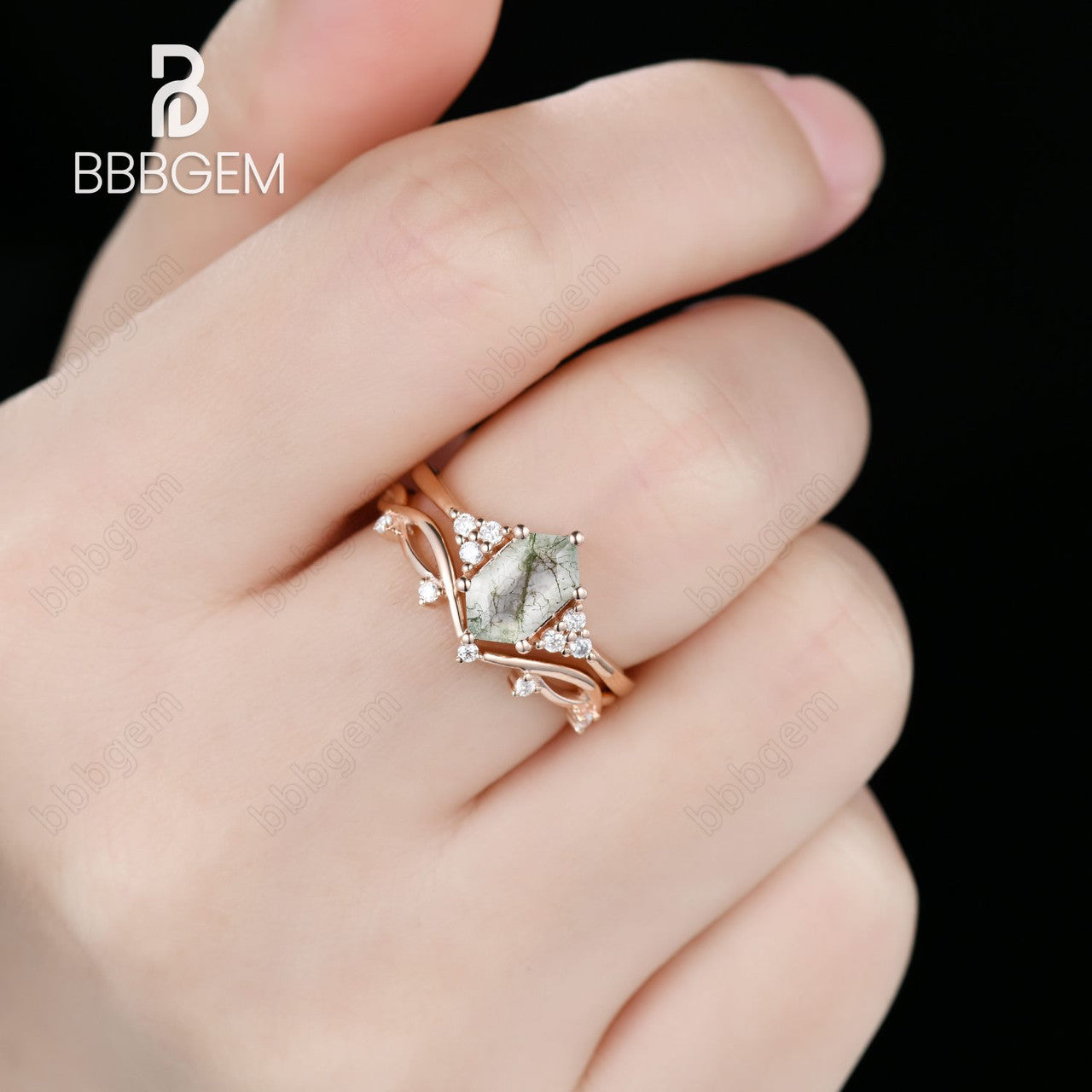 Vintage Moss Agate Hexagon Cut Branch Leaf Vine Art Deco Promise Ring Set for Women - Nature Inspired Jewelry for Engagement, Wedding, Anniversary & Everyday Boho Fashion