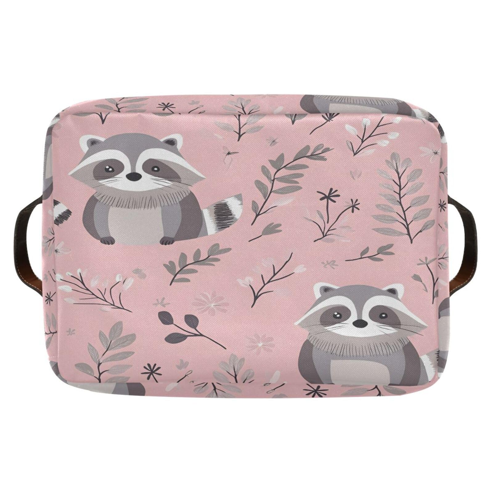 Cute Raccoon Storage Basket 2 Pack - Collapsible Canvas Rectangular Bin with Leather Handles for Closet, Office, Nursery | Home Organization & Decor for Kids Room, Laundry, Bathroom Storage