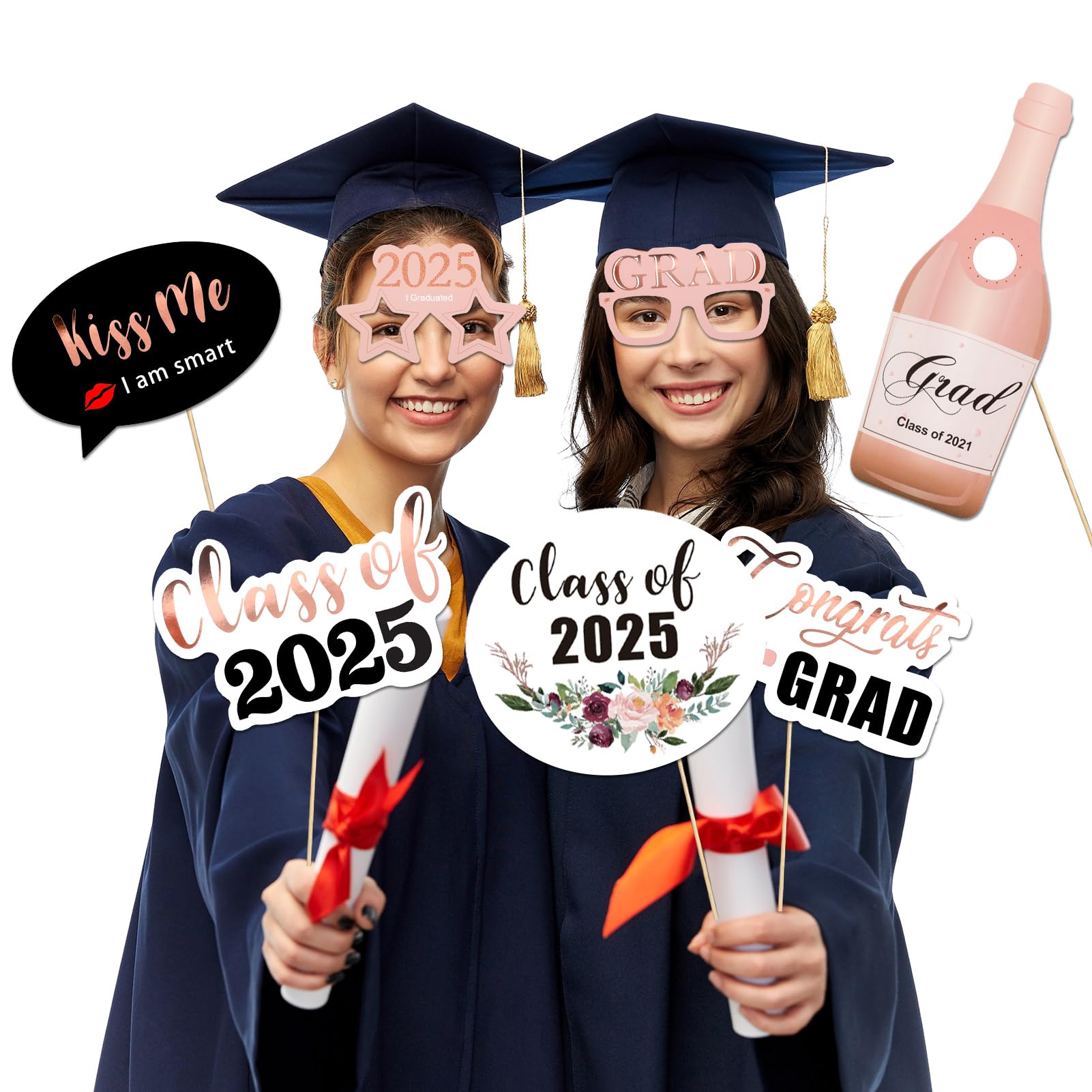 Rose Gold Graduation Photo Booth Props Kit - Class of 2025 Party Decorations with 39 Sticks | Perfect for Graduation Parties, Photo Booths & School Celebrations