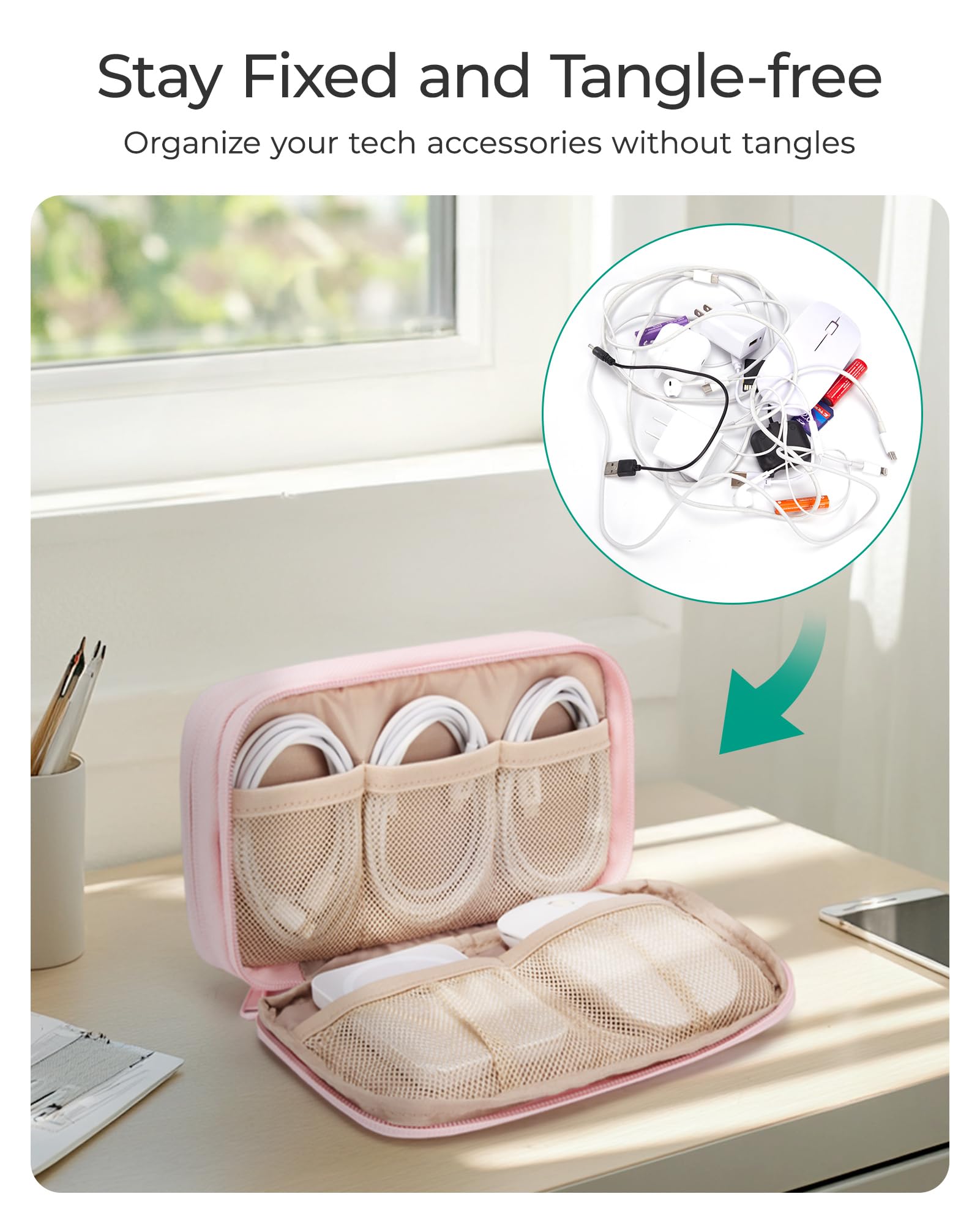 BAGSMART Electronics Organizer Travel Case - Cord Storage for Chargers, Cables & Phones - Compact Tech Accessories Pouch in Pink - Perfect for Travel, Office & Home Organization