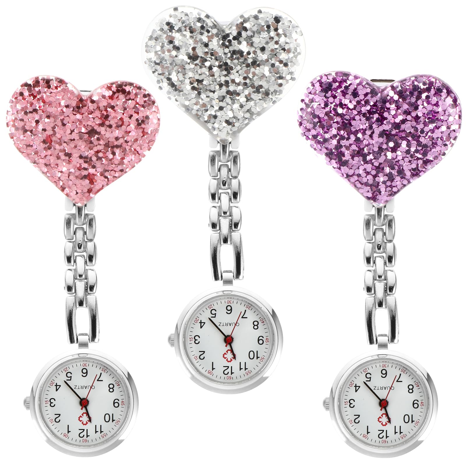 3pcs Heart Lapel Fob Watch - Digital Pocket Clip on Glitter Brooch Watch for Women & Men - Perfect for Vintage Outfits, Cosplay & Formal Attire