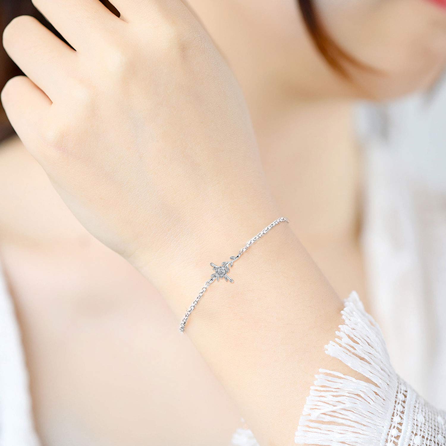 CUOKA MIRACLE Cross Rose Charm Bracelet - S925 Sterling Silver Rose Flower Crucifix Bracelet for Women & Teens - Elegant Religious Jewelry Gift for Easter, Baptism & Church Occasions