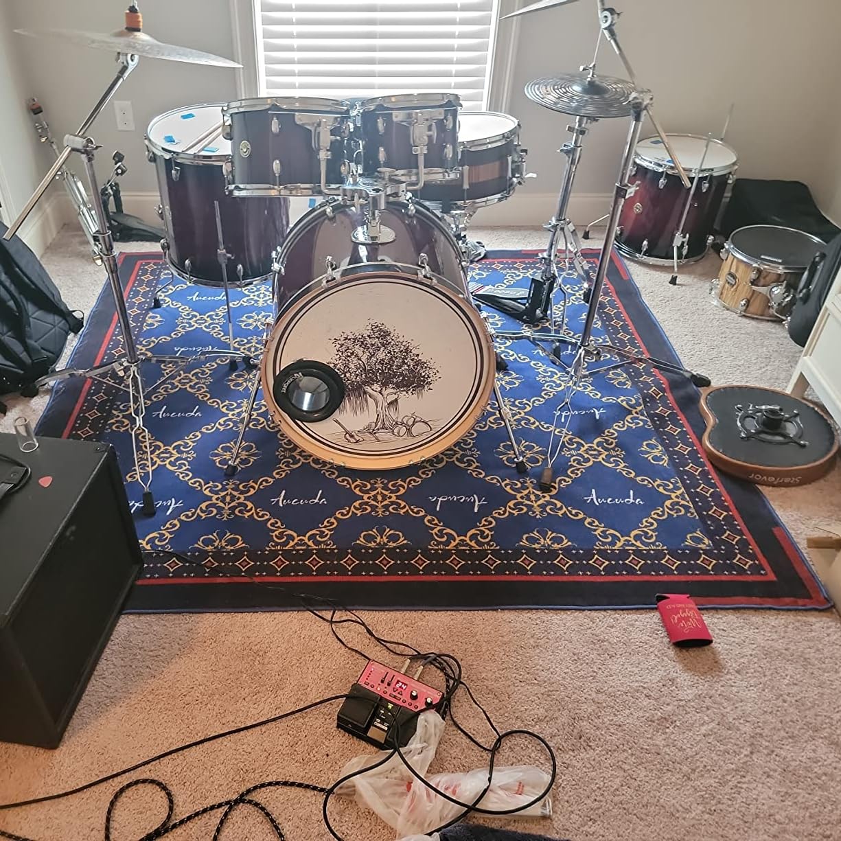 Aucuda 6x6.6 ft Blue Drum Rug - Non-Slip Woven Drum Mat for Electric Drum Set, Studio & Apartment - Soundproof Floor Carpet for Guitar & Music Practice - Perfect for Indoor/Outdoor Use
