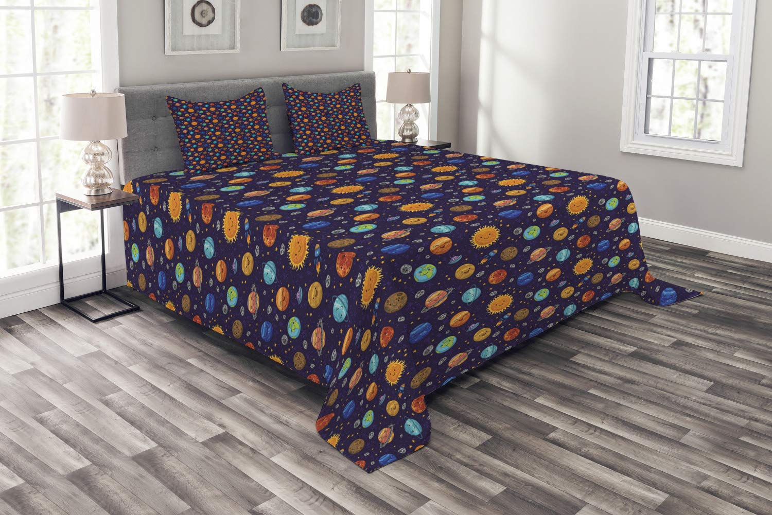 Ambesonne Space Themed King Size Bedspread Set - 3 Piece Comforter Cover & 2 Pillow Shams with Vibrant Planets (Sun, Mercury, Venus, Earth, Jupiter, Mars) and UFO Designs | Perfect for Kids' Room, Sci-Fi Decor, Astronomy Lovers & Space Themed Bedrooms