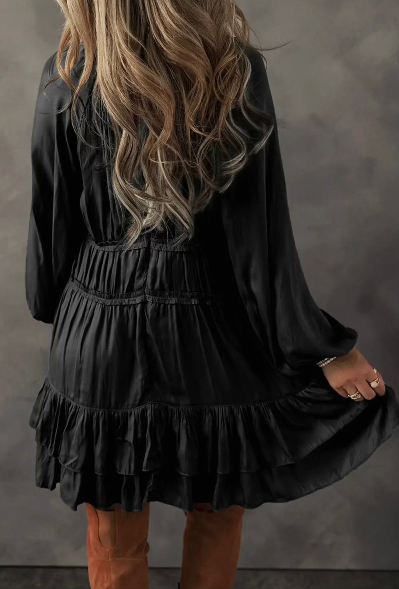Elegant Black Satin Tiered Dress for Women - Formal Evening Gown & Special Occasion Party Wear