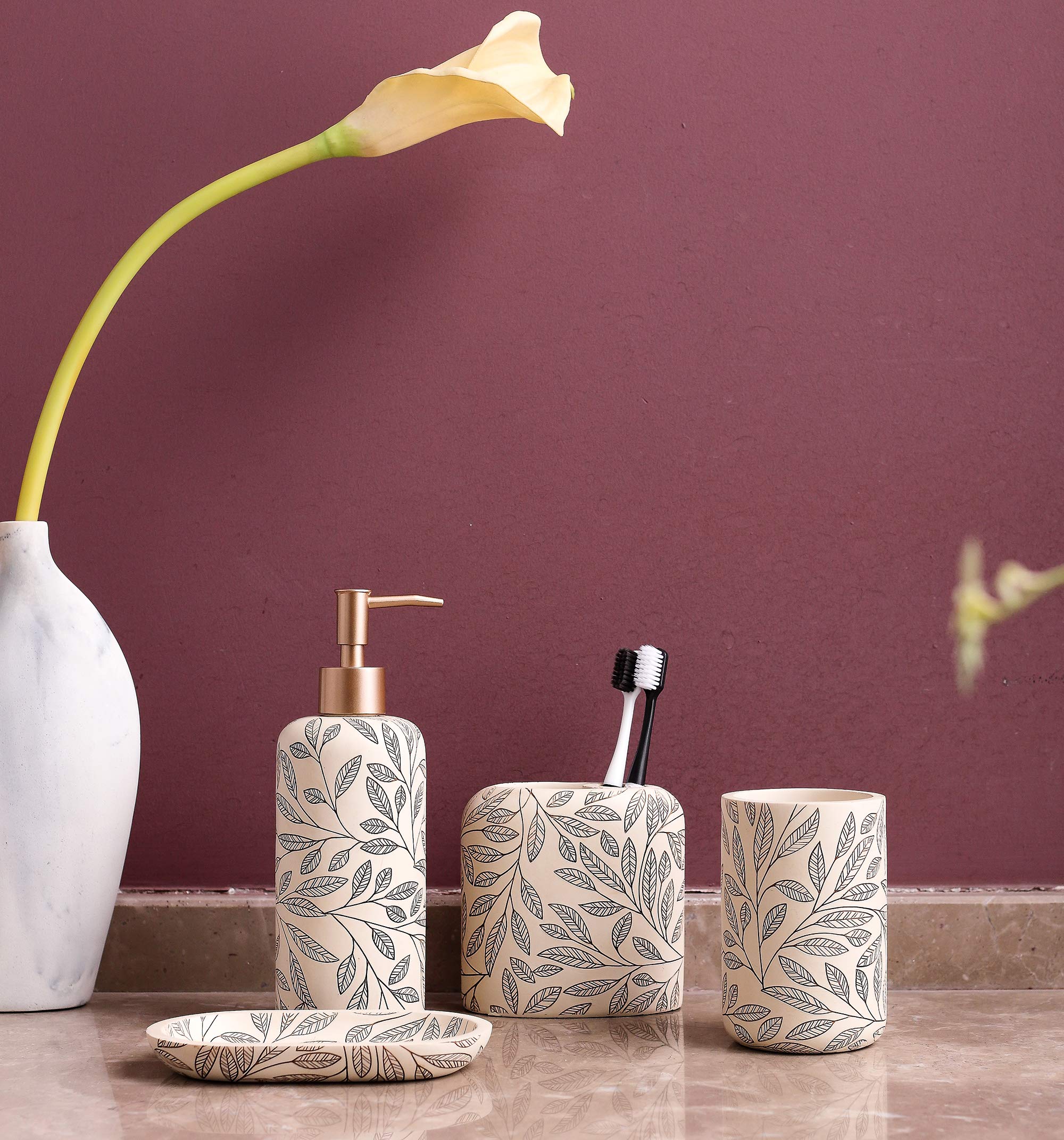 Hymmah 4-Piece Farmhouse Bathroom Accessories Set - Resin Toothbrush Holder, Soap Dispenser, Soap Dish & Tumbler | Rustic Apartment Decor Essentials | Perfect for Guest Bathrooms, Small Spaces & Housewarming Gifts