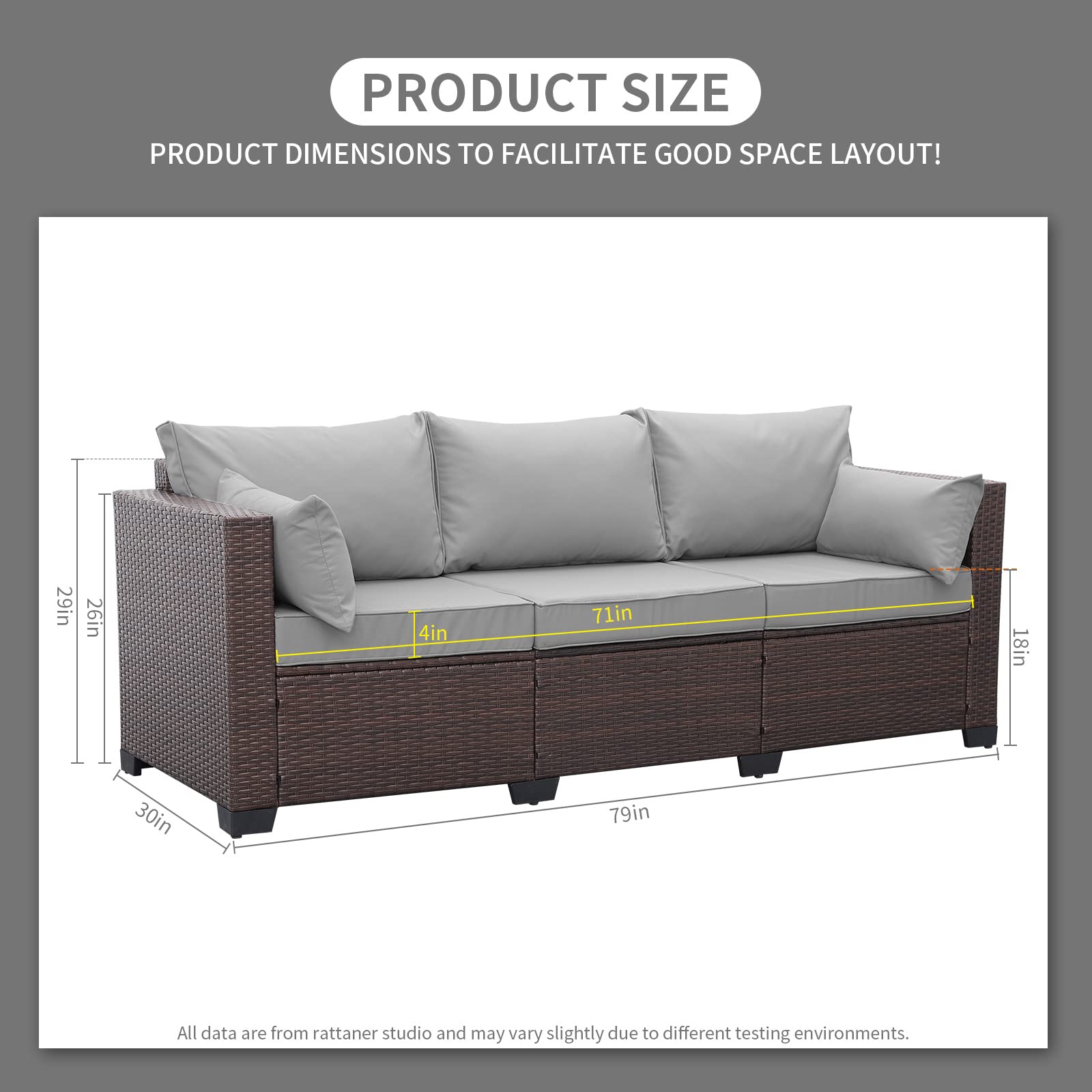 Premium 3-Seater Rattan Patio Sofa Set - Outdoor Deep Seat Couch with High Backrest, Waterproof Covers & Anti-Slip Light Grey Cushions - Perfect for Garden, Poolside, and Backyard Relaxation