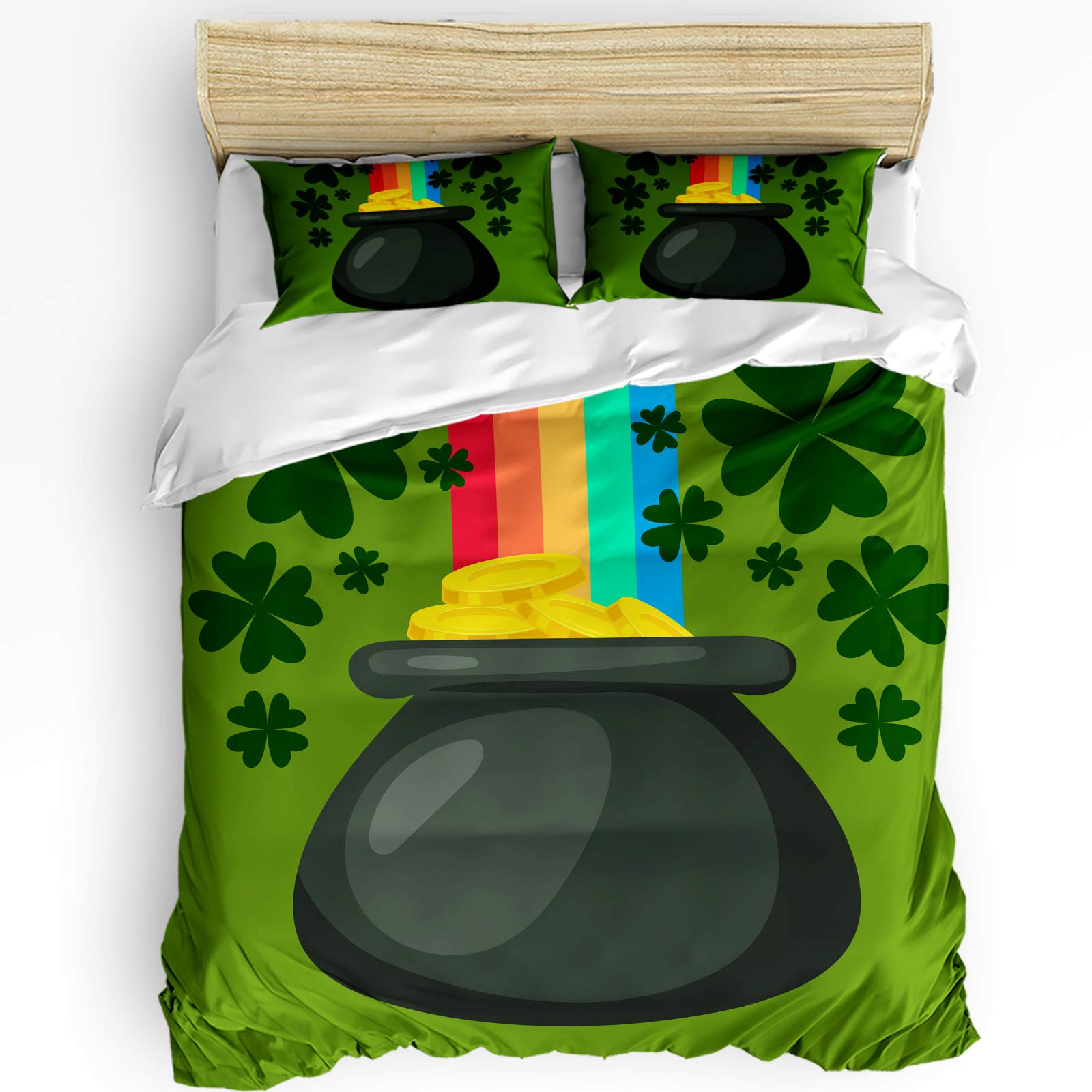 Flouky 3-Piece Washed Comforter Set - Soft Twin Duvet Cover with 2 Pillow Shams for Kids & Adults | St. Patrick's Day Shamrock Pot Rainbow Bedding Collection | Perfect for Holiday Decor & Cozy Bedroom Upgrade