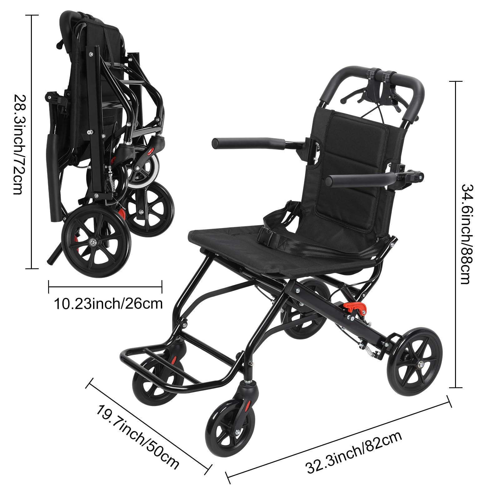 Lightweight Portable Folding Wheelchair for Adults & Elderly - Compact Travel Transport Chair with Easy Fold Design (Black) - Ideal for Air Travel, Shopping & Outdoor Activities