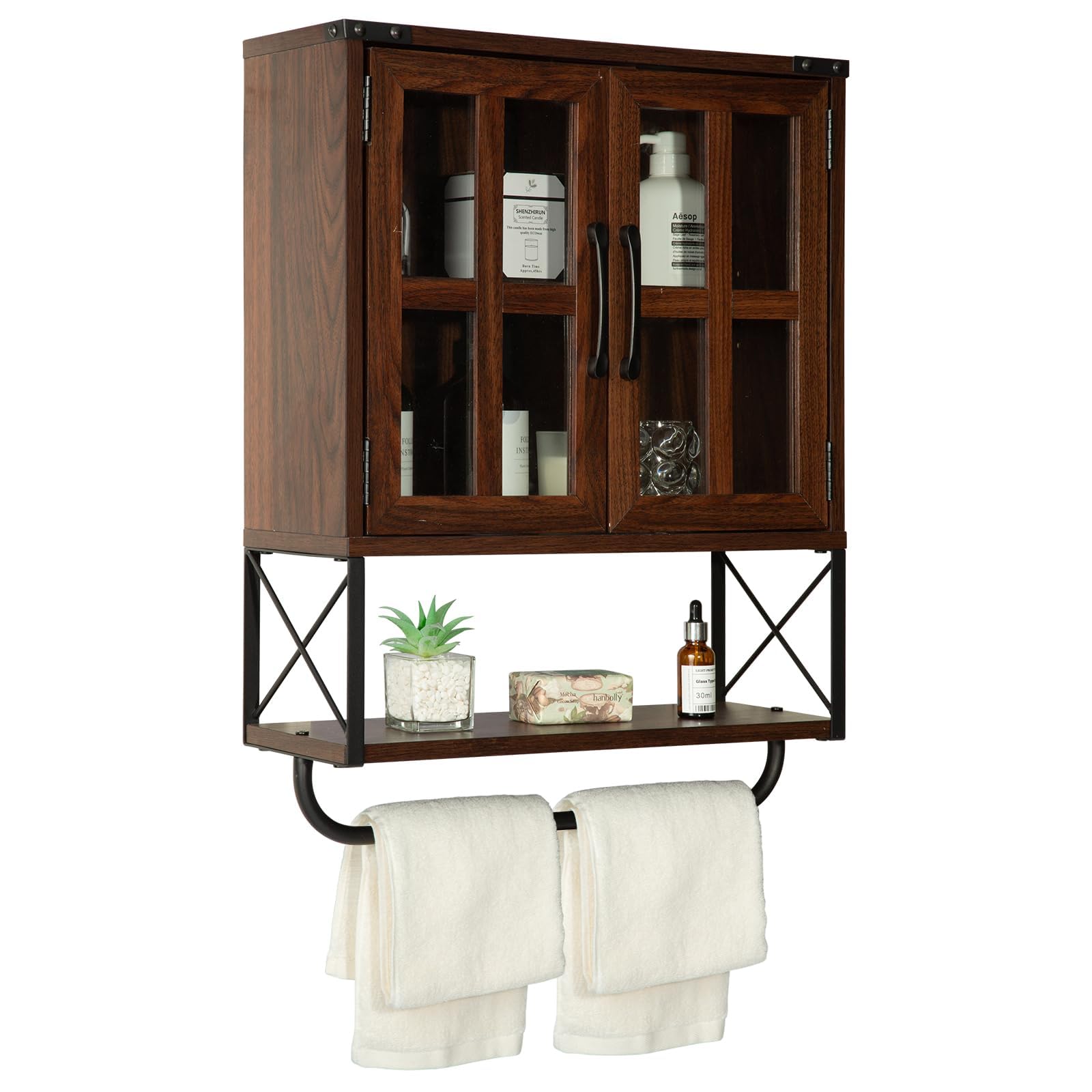 RUSTOWN Farmhouse Medicine Cabinet with Cross Glass Doors - Wooden Wall Storage Cabinet with 3-Tier Adjustable Shelves & Towel Bar - Rustic Bathroom & Living Room Organizer (Dark Walnut, Medium Size) - Perfect for Bathroom Essentials, Towel Storage & Farmhouse Decor