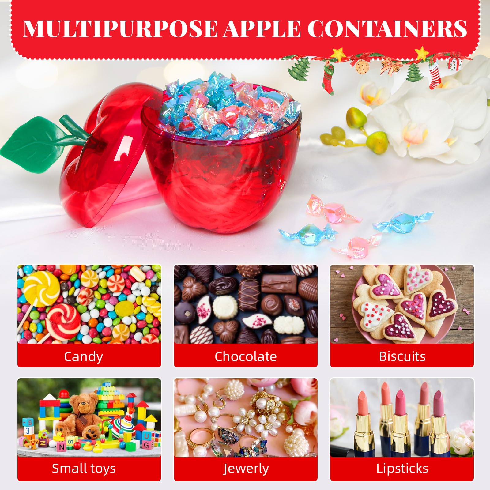 Farochy Large Red Apple Shaped Plastic Container - 4 Pack | Candy Storage, Teacher Appreciation Gift, Back to School Supplies | Perfect for Classroom Treats, Party Favors & Holiday Decorations