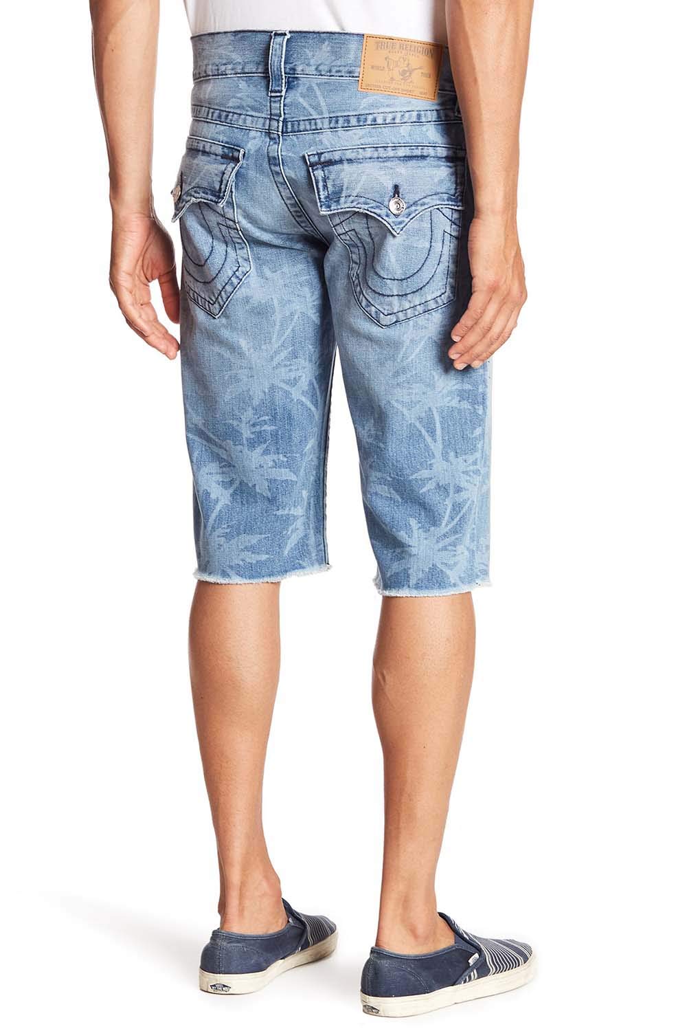 True Religion Men's Straight Flap Cut-Off Denim Shorts - Indigo Groove Wash - Size 33 - Casual Summer Streetwear for Beach & Outdoor Activities