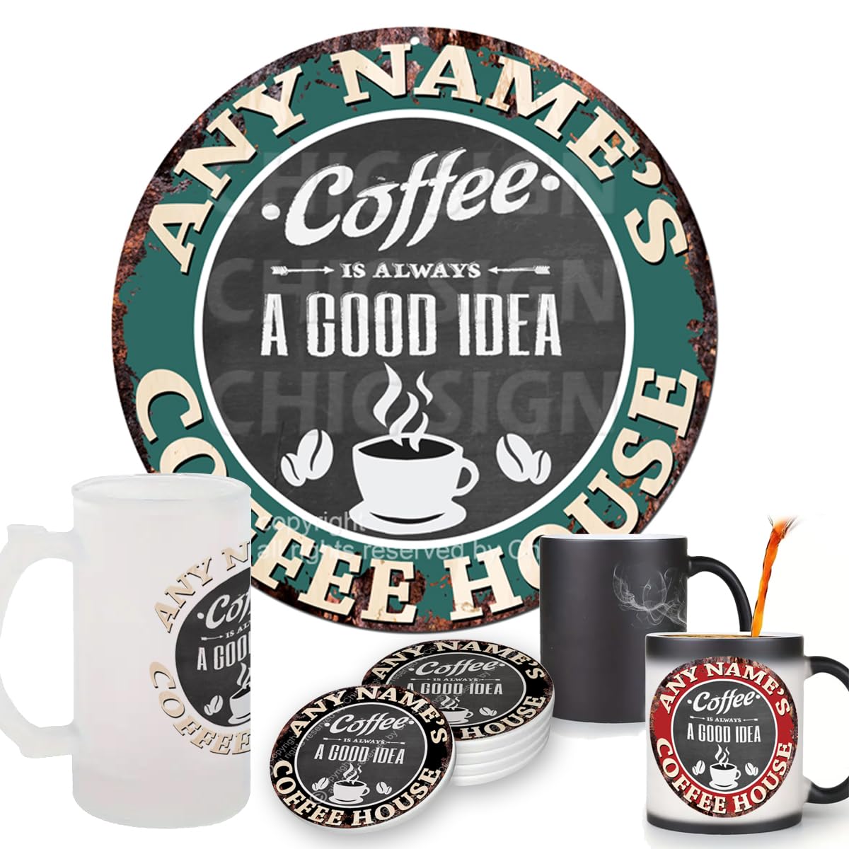 Custom Personalized Coffee Shop Sign Coaster Mug - Rustic Vintage Style Retro Barware for Kitchen, Pub & Man Cave Decor - Unique Gift Idea for Coffee Lovers (CP-0151) - Perfect for Home Brewing, Cafes & Office Use