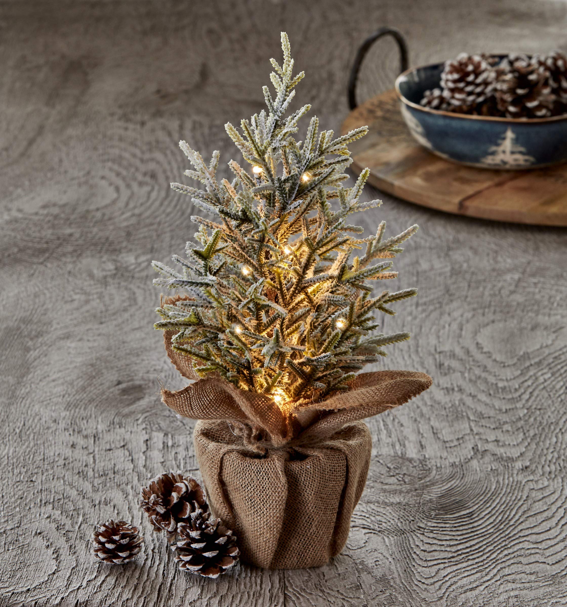 Mini LED Light-Up Pine Christmas Tree with Burlap Pot - 6Hr Auto Timer, Indoor Tabletop Decor for Holiday, Xmas, Home & Office Desktop (Green) | Perfect for Holiday Parties, Gift Exchanges & Festive Home Decor