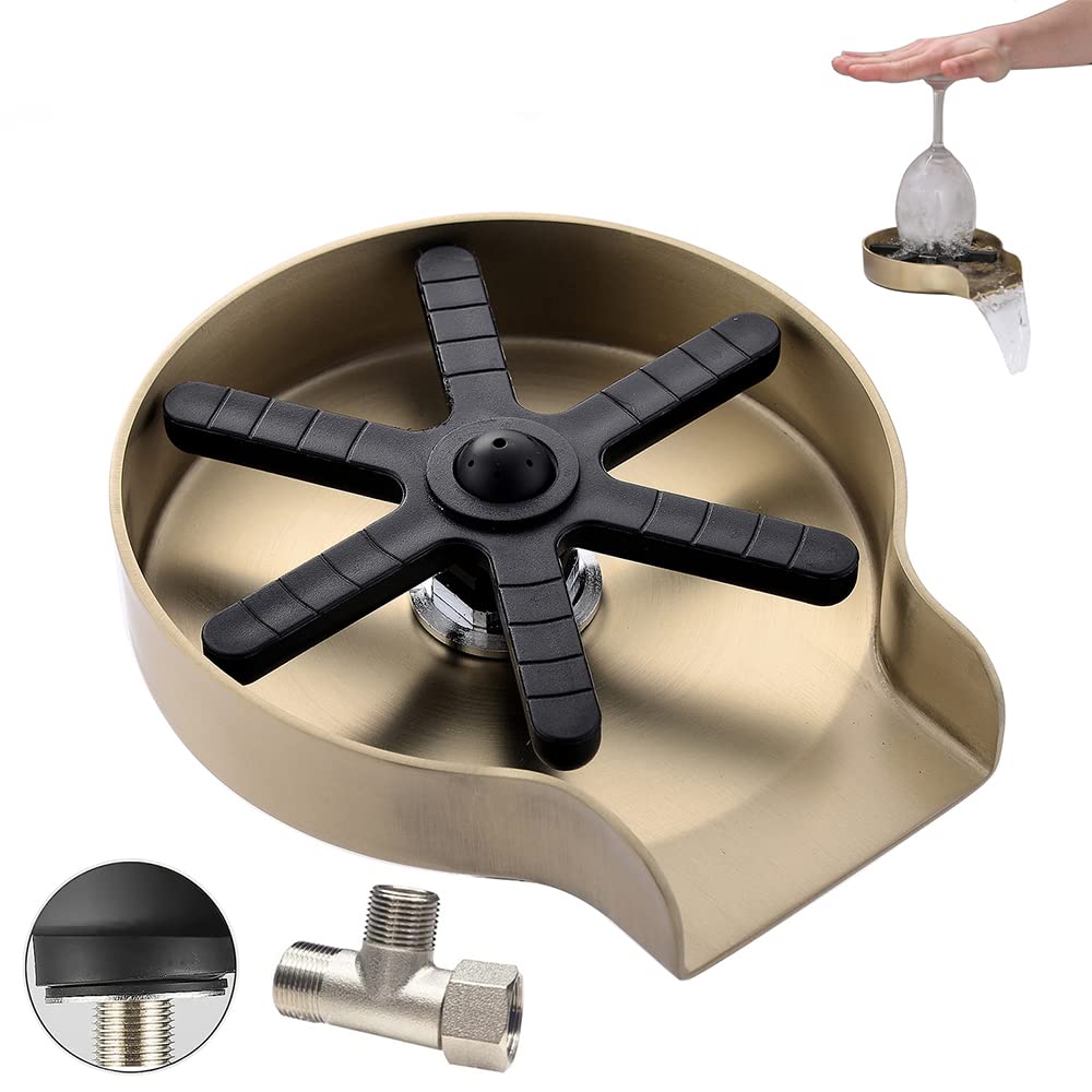Premium Stainless Steel Kitchen Sink Glass Rinser - Brushed Gold Bar & Wine Glass Cleaner for Home Kitchens, Commercial Bars, Baby Bottle Washing | Durable Sink Accessory for Fast Rinsing & Hygienic Cleaning