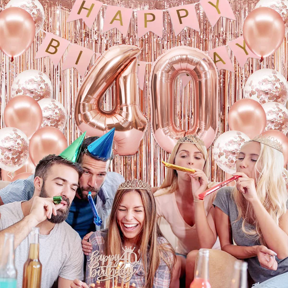 Rose Gold 40th Birthday Party Decorations Set for Women - Banner, Crown, Sash, Cake Topper & Number Balloons - Elegant 40th Birthday Party Supplies for Women's Milestone Celebration - Perfect for Birthday Parties, Surprise Events & Photo Backdrops