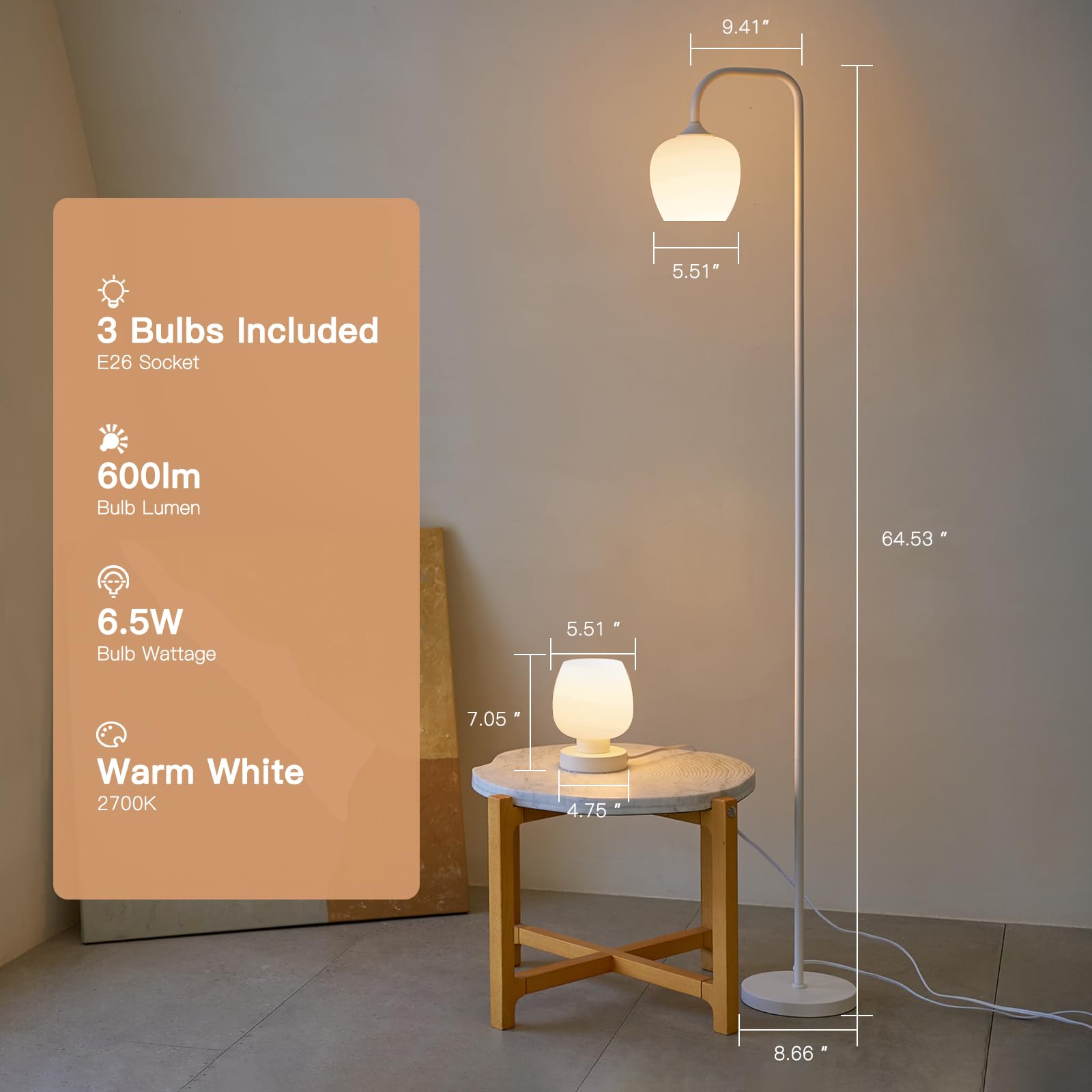 ONEWISH 3-Piece Lamp Set - 2 Touch Bedside Table Lamps & 1 Floor Lamp, Modern LED Lighting for Bedroom, Living Room, Office, Nightstand with White Opal Glass Shade (Bulbs Included) - Perfect for Reading, Relaxing and Home Decor
