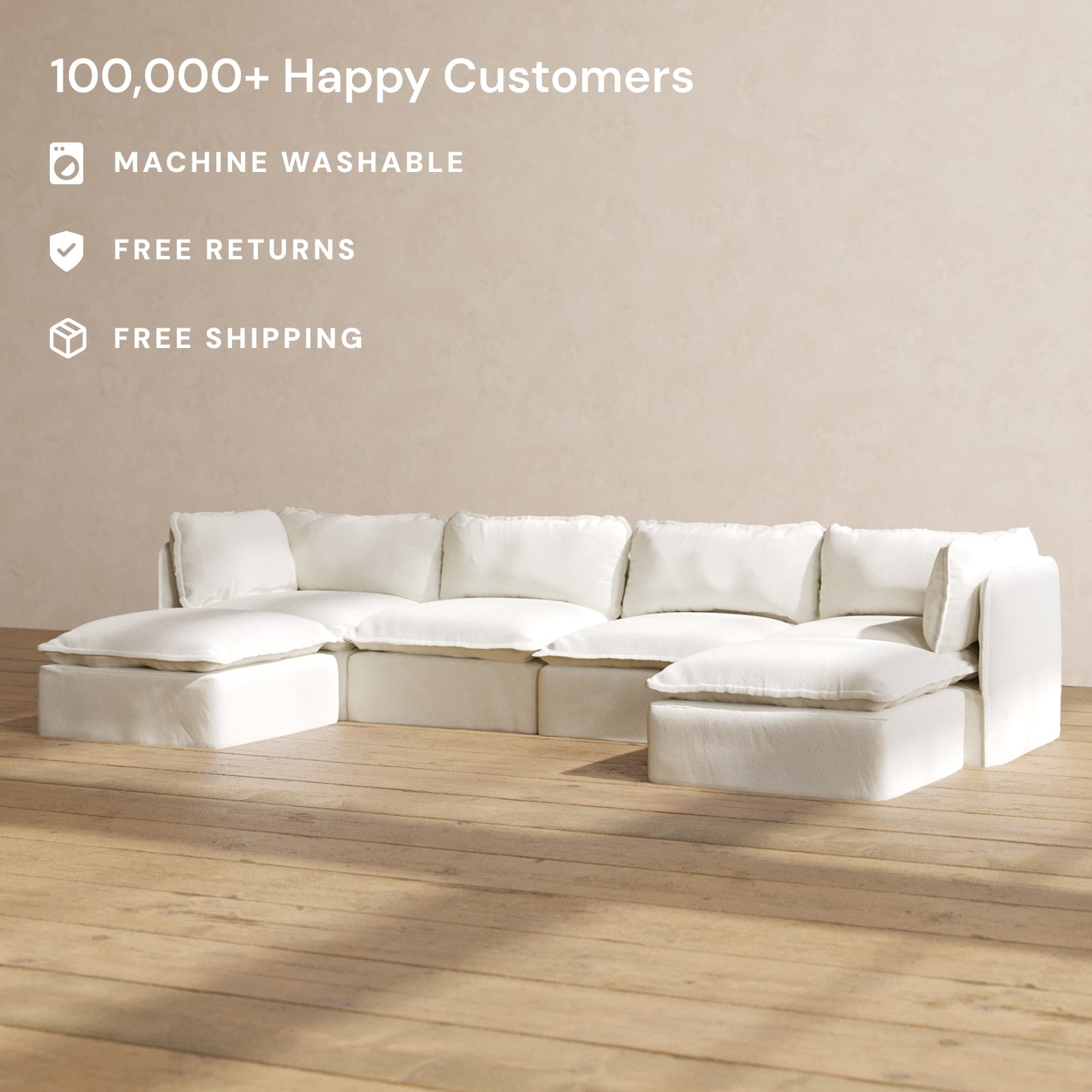 Modular Performance 4-Seater U-Shaped Sectional Sofa in Eggshell White | Premium Relaxed Blend Fabric | Perfect for Living Rooms, Family Gatherings & Home Theater Spaces