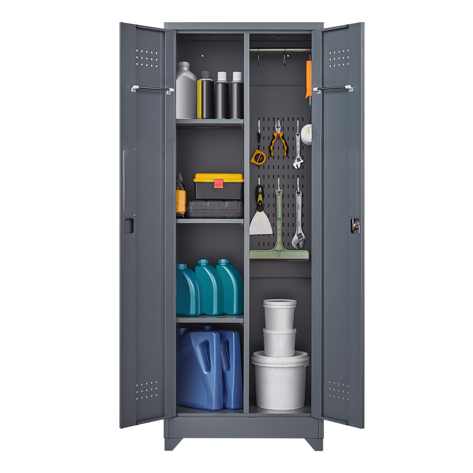 GREATMEET 65 Inch Broom Storage Cabinet with Hanging Rod - Metal Cleaning Supply Organizer for Garage, Utility Room & Laundry - Space Saving Grey Mop Holder for Brooms, Dustpans & Cleaning Tools