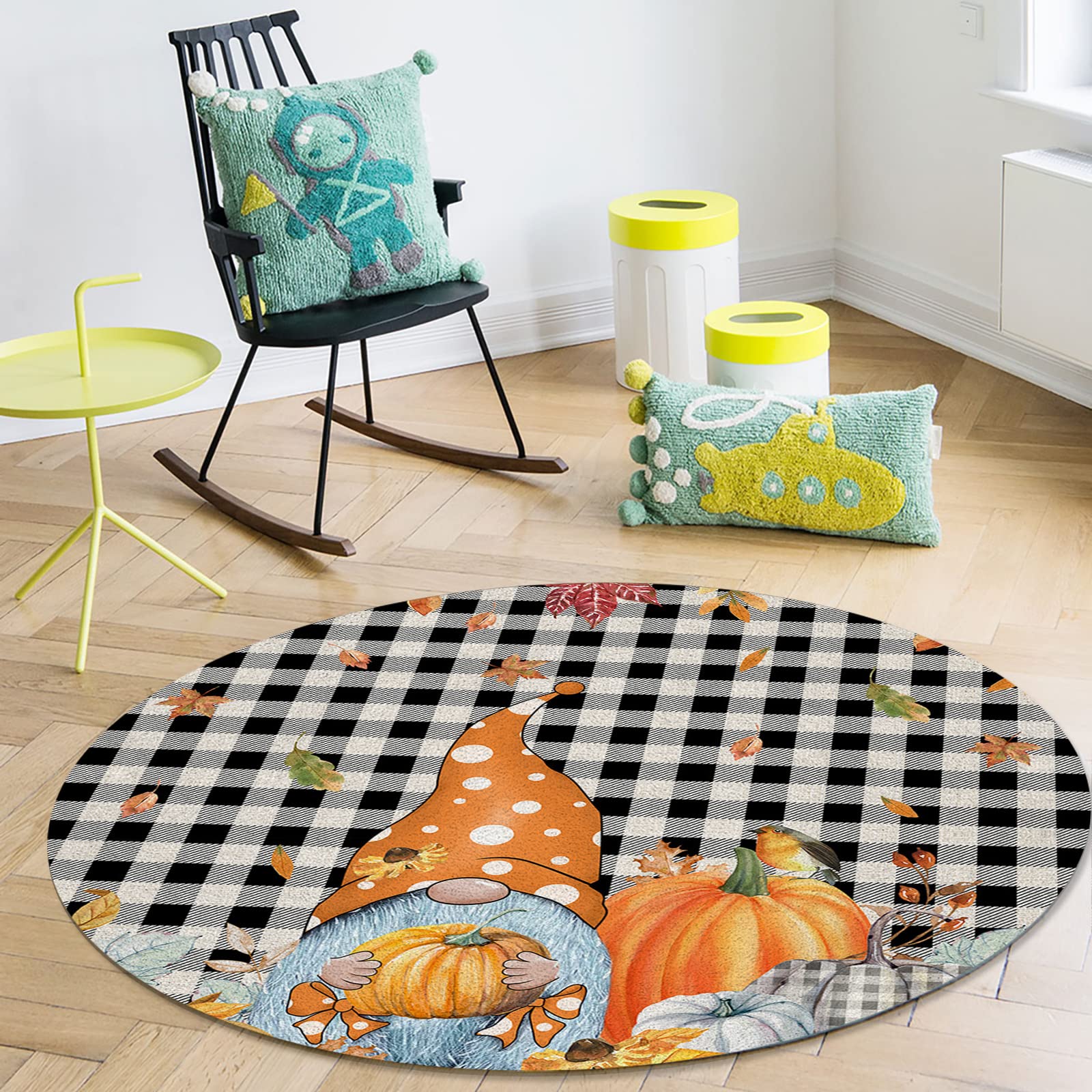 6ft Thanksgiving Round Washable Area Rug - Indoor Carpet for Bedroom, Kitchen, Bathroom, Living Room, Dining Room, Laundry Room & Office - Large Door Mat with Gnomes, Pumpkins, Leaves & Plaid Design - Perfect for Fall Decor, Home Warming Gifts & Holiday Gatherings