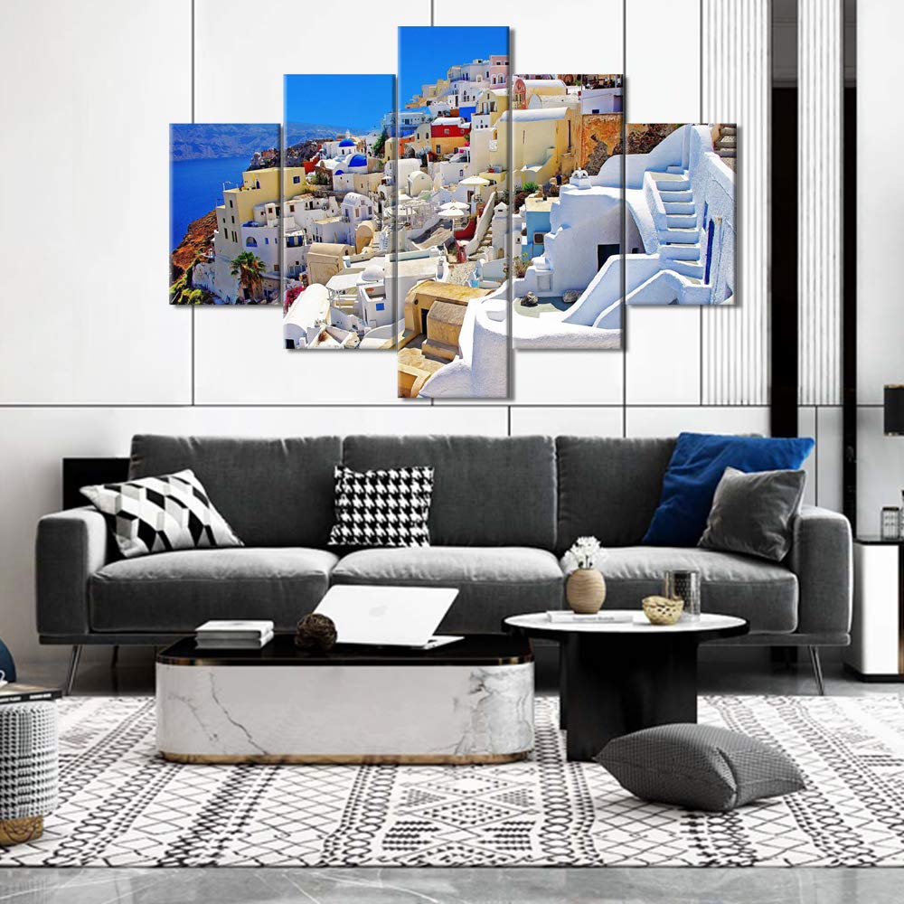 TUMOVO 5-Piece Seascape Wall Art Set - Oia Town, Aegean Sea Greece Coastal Wall Decor for Bedroom, Living Room & Dining Room - Wooden Framed Canvas Prints Ready to Hang (60''W x 40''H) - Perfect for Beach House, Vacation Home & Mediterranean Style Interior Design