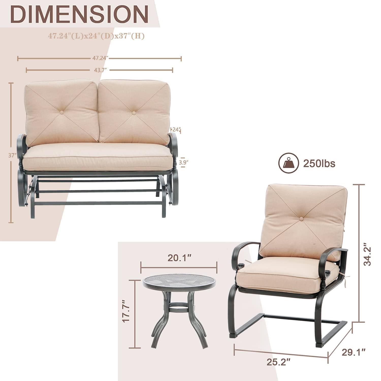 Incbruce 4-Piece Metal Outdoor Patio Furniture Set - Wrought Iron Sectional Sofa with Coffee Table & Removable Cushions (Brown) - Perfect for Garden, Backyard, Poolside and Terrace Relaxation