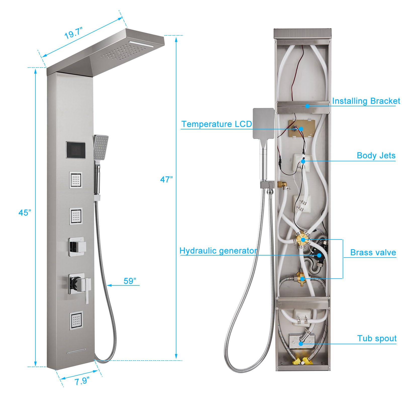 MENATT LED Shower Panel - 5-in-1 Shower Tower System with Rainfall Shower Head, Waterfall Spray, Massage Jets, Tub Spout & Handheld Shower - Brushed Nickel Finish for Luxurious Bathroom Upgrade - Perfect for Modern Homes, Spa-Like Experience & Water Therapy