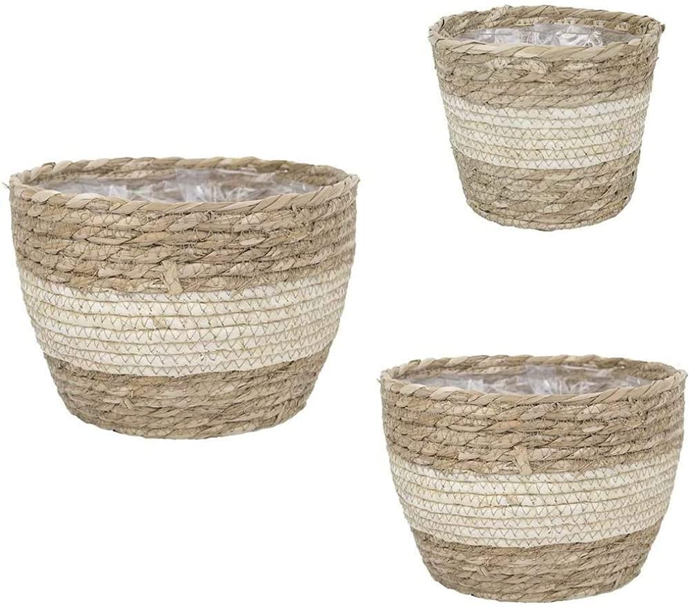 YEstge Seagrass Flower Pots - 3PCS Indoor/Outdoor Plant Containers with Natural Woven Design for Home Decor, Garden, Patio & Balcony | Perfect for Succulents, Herbs & Small Plants