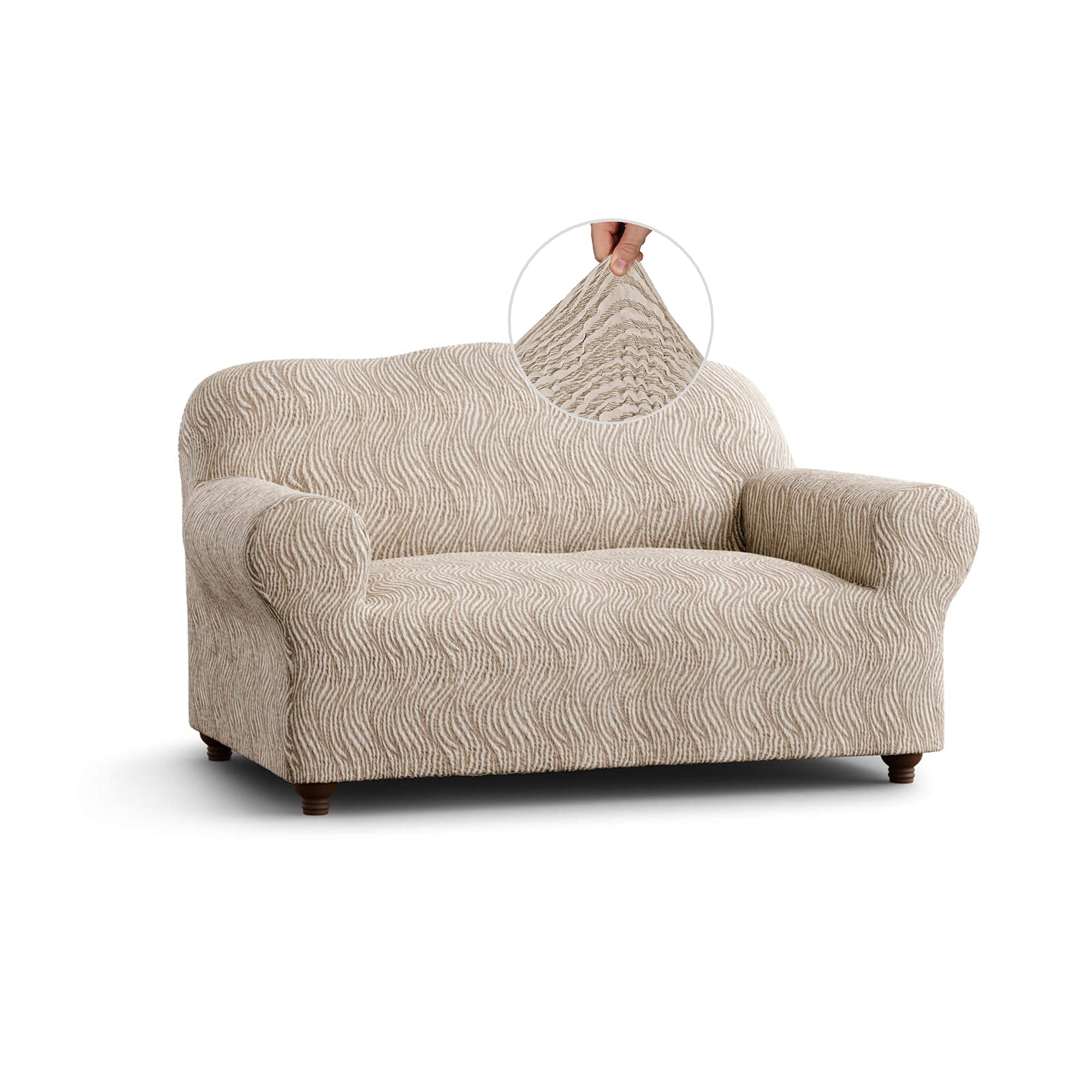 Stretch Sofa Slipcover & Loveseat Cover - Soft Polyester Fabric Washable Couch Protector - 1-Piece Form Fit Jacquard 3D Design - Beige Vento Collection - Perfect for Living Room, Apartment Furniture Protection & Home Decor Upgrade