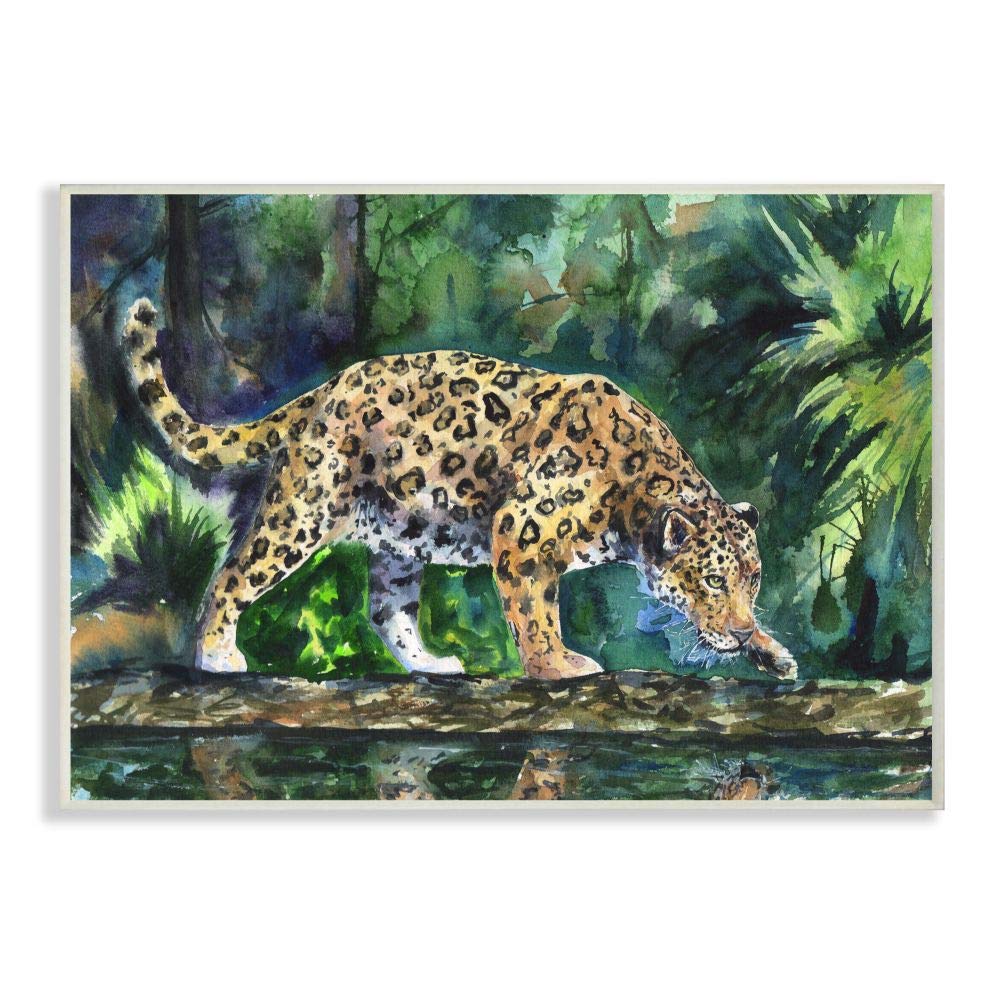 Stupell Industries Jaguar Large Cat Animal Green Watercolor Painting - Wall Art Decor for Living Room, Bedroom & Office