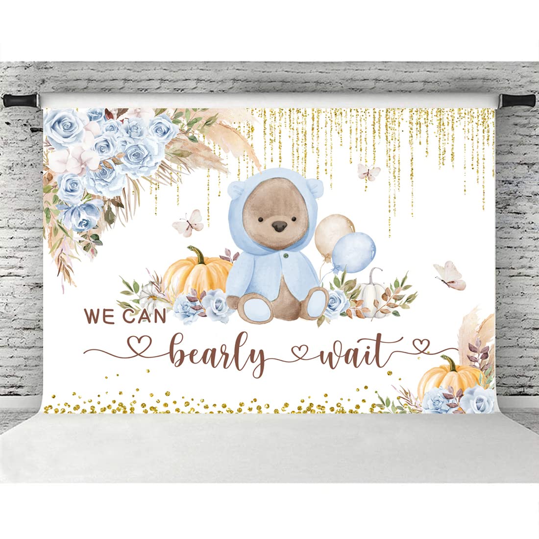 Lofaris Boho Bear Baby Shower Backdrop - Blue Floral 'We Can Bearly Wait' Theme - 5x3ft Photography Background for Baby Boy Showers, Gender Reveals & Nursery Decor with Pampas Grass Design