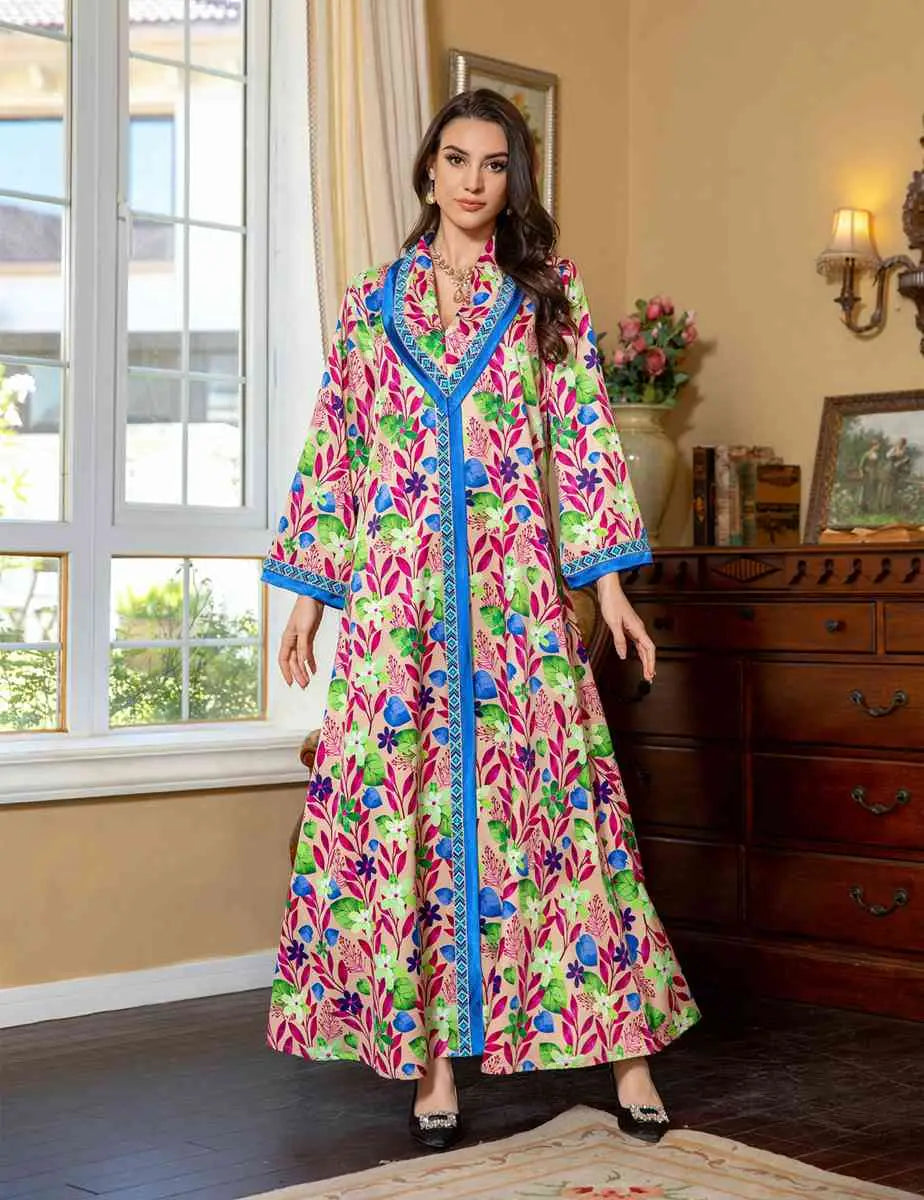 Elegant Hotfix Rhinestone Flower Printed Kaftan Dress - Eid Jalabiya Abaya for Women | Perfect for Eid Celebrations, Weddings & Special Occasions