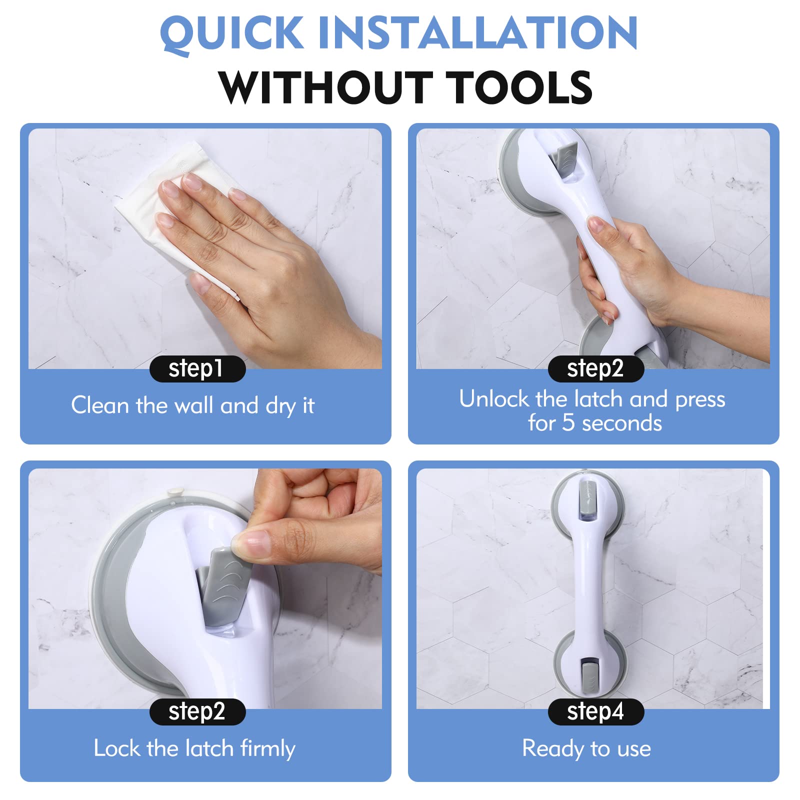 12 Inch Shower Grab Bars with Strong Suction - Bathroom Safety Handle for Seniors & Elderly (2 Pack) - Non-Slip Support for Shower Chairs, Stools & Wet Floors | Ideal for Elderly Care, Disabled Access & Fall Prevention