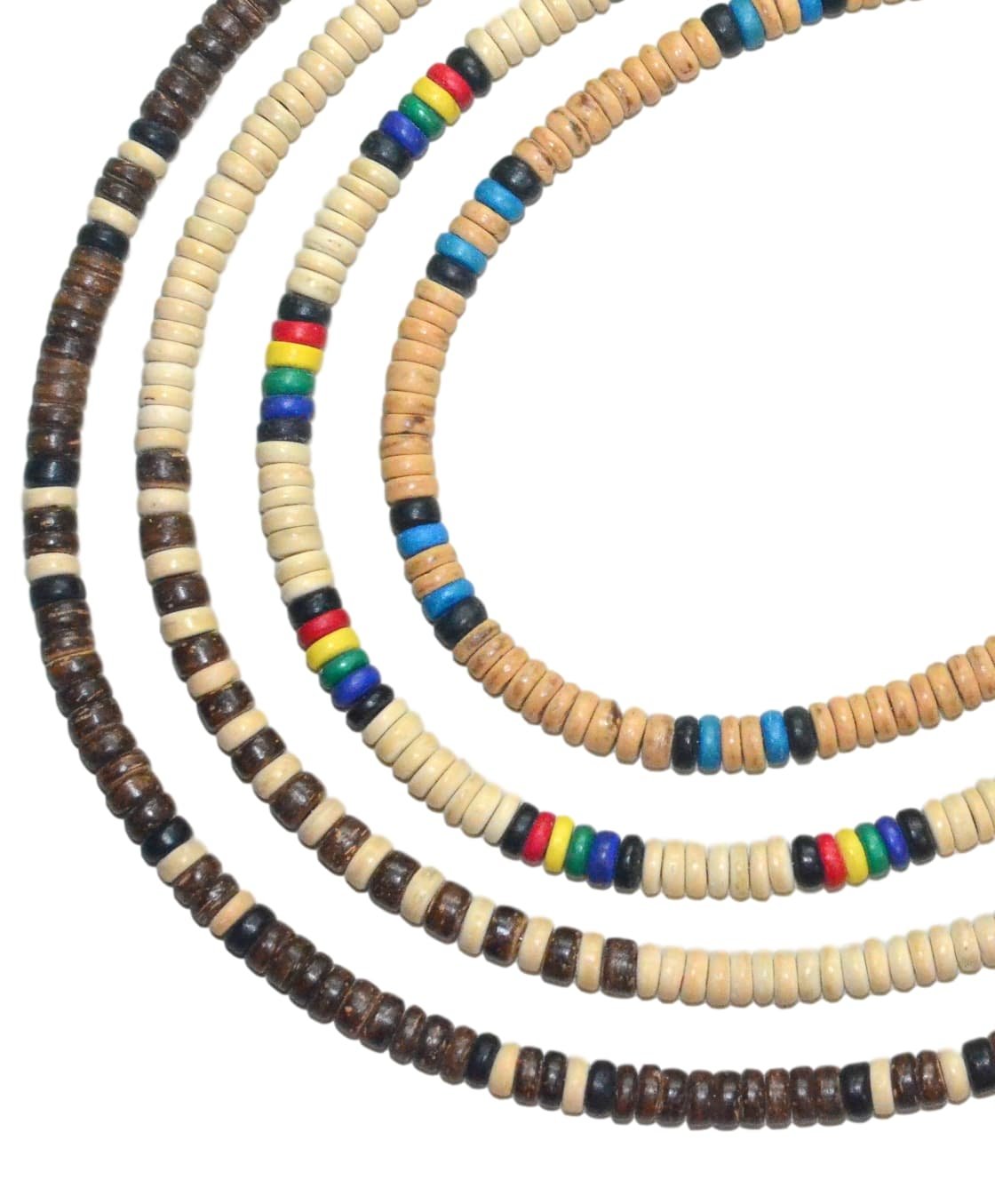Native Treasure (4 Pack) Men's & Women's Tropical Summer Beach Surfer Necklaces - Handmade Coconut Bead Necklaces from Philippines in Mixed Brown & Colors | Perfect for Beach Vacations, Surfing, Summer Festivals & Boho Fashion