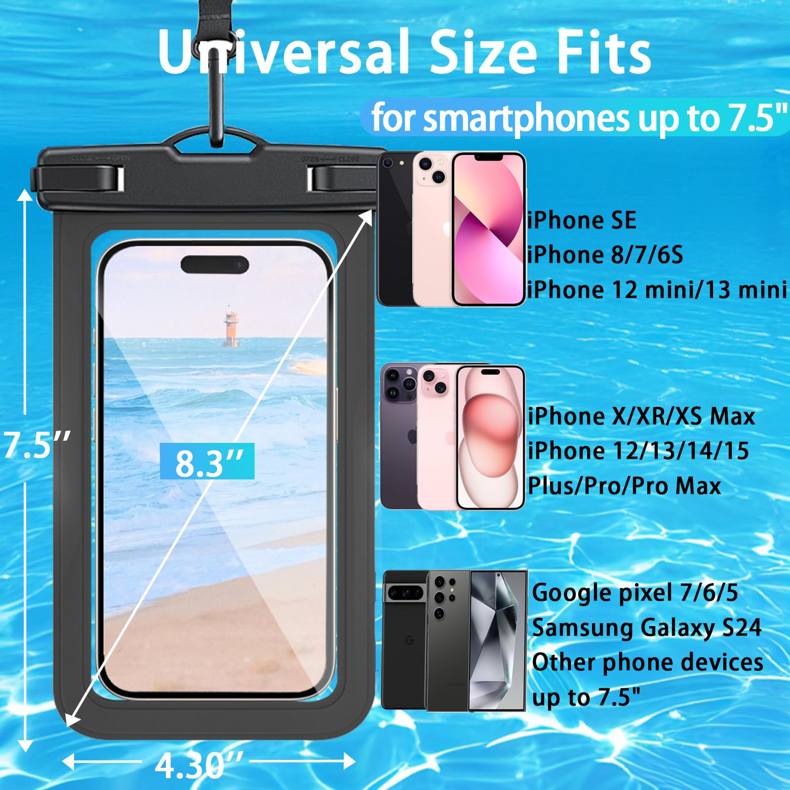 2 Pack Waterproof Phone Pouch for iPhone 16/15/14/13/12 Pro Max & Samsung Galaxy S25/S24 (Up to 7.5