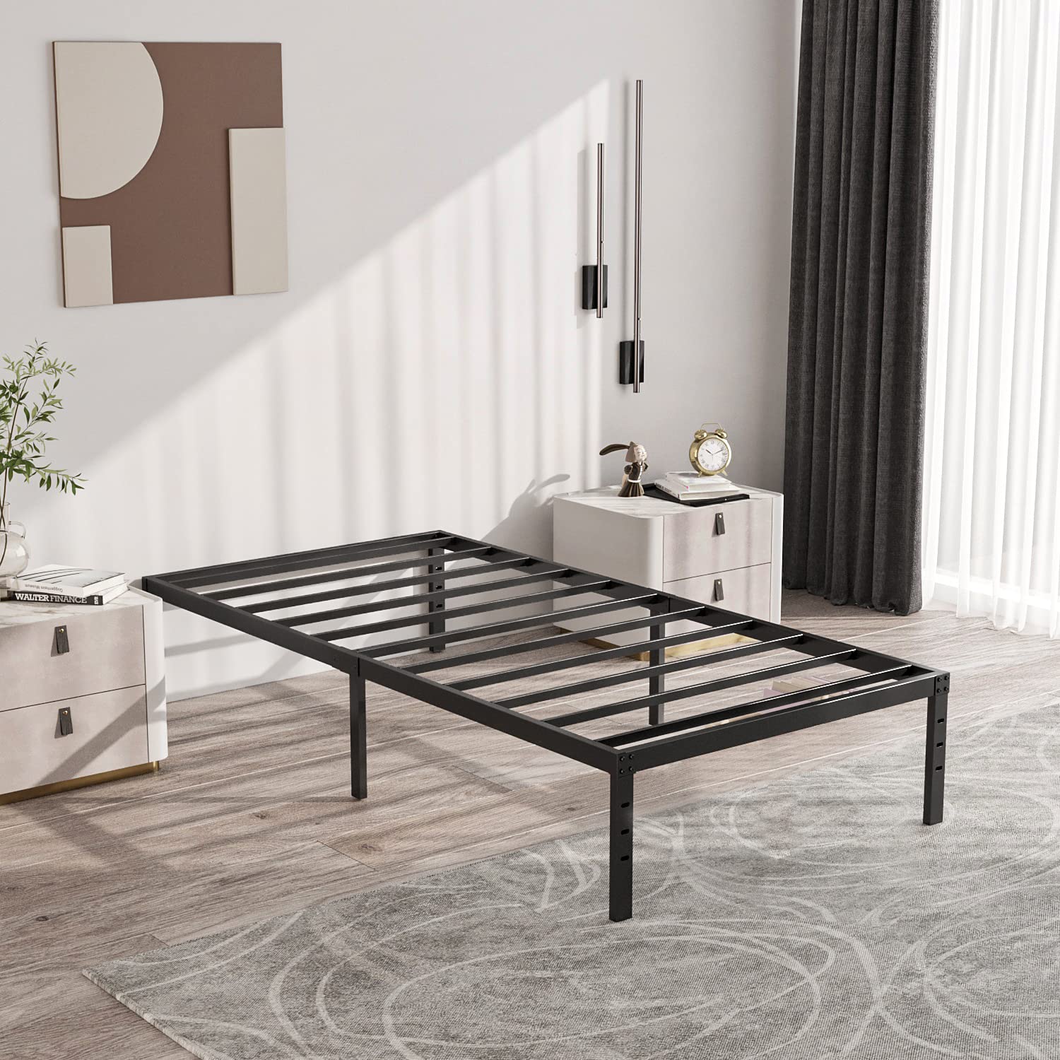ZIYOO Twin Bed Frame with Heavy Duty Steel Slats - 14 Inch Platform Bed with Non-Slip Design, No Box Spring Needed | Easy Assembly, Noise-Free, Under Bed Storage Space in Black | Perfect for Kids Rooms, Guest Bedrooms & Small Spaces