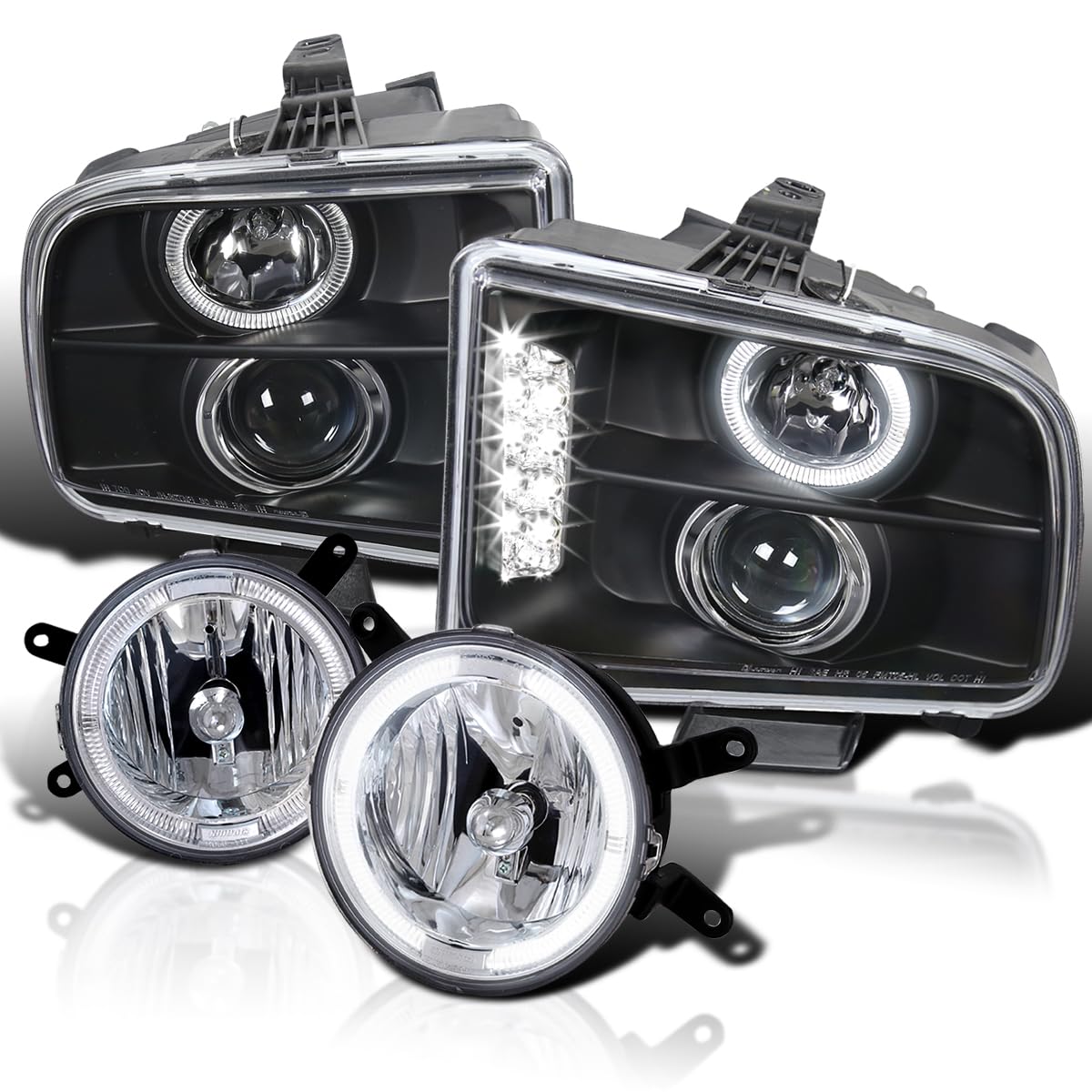 Spec-D Tuning LED Black Projector Headlights with LED Fog Lights for 2005-2009 Ford Mustang GT Deluxe & GT Premium - Left & Right Pair Assemblies - Upgrade Your Night Driving & Style