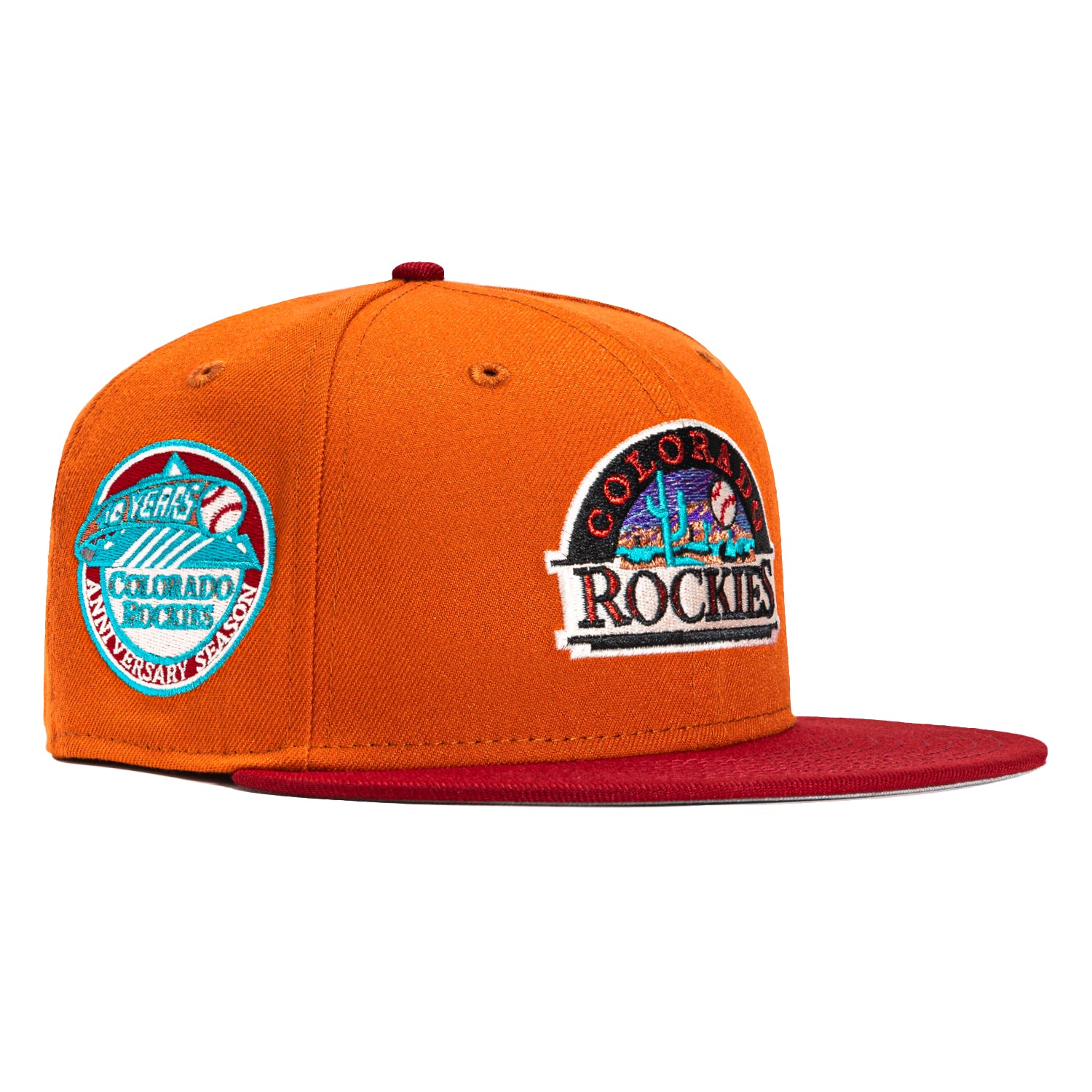 New Era 59Fifty Colorado Rockies 10th Anniversary Patch Alternate Baseball Cap - Burnt Orange, Sedona Red & Teal - Official MLB Licensed Hat for Baseball Fans & Sports Enthusiasts - Perfect for Games, Collecting & Casual Wear