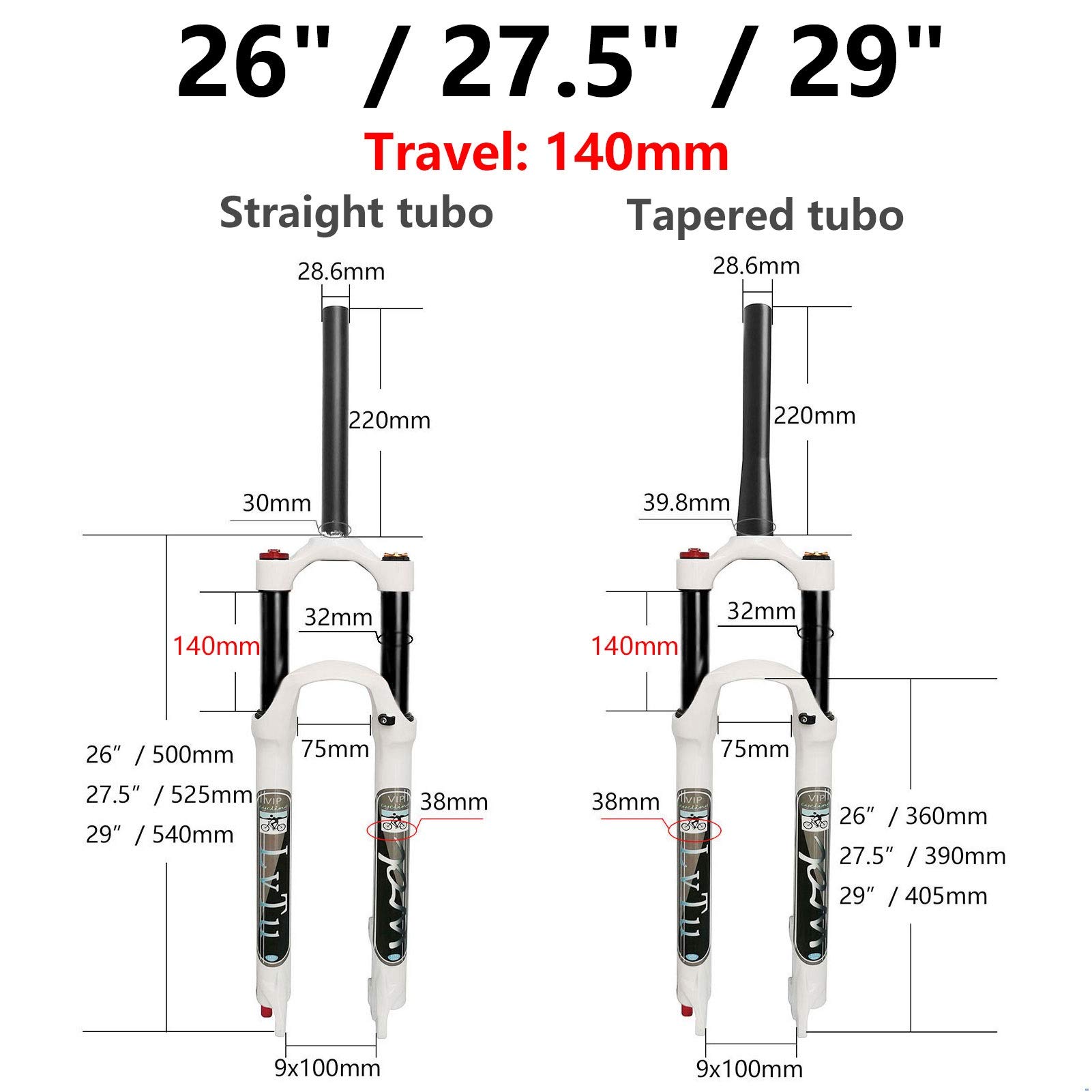 MTB Suspension Fork 140mm Travel Rebound Adjust - Straight/Tapered Tube Mountain Bike Front Fork with 180mm Disc Brake Adapter for 26 Inch Wheels - Perfect for Trail Riding, Downhill & Cross-Country Biking
